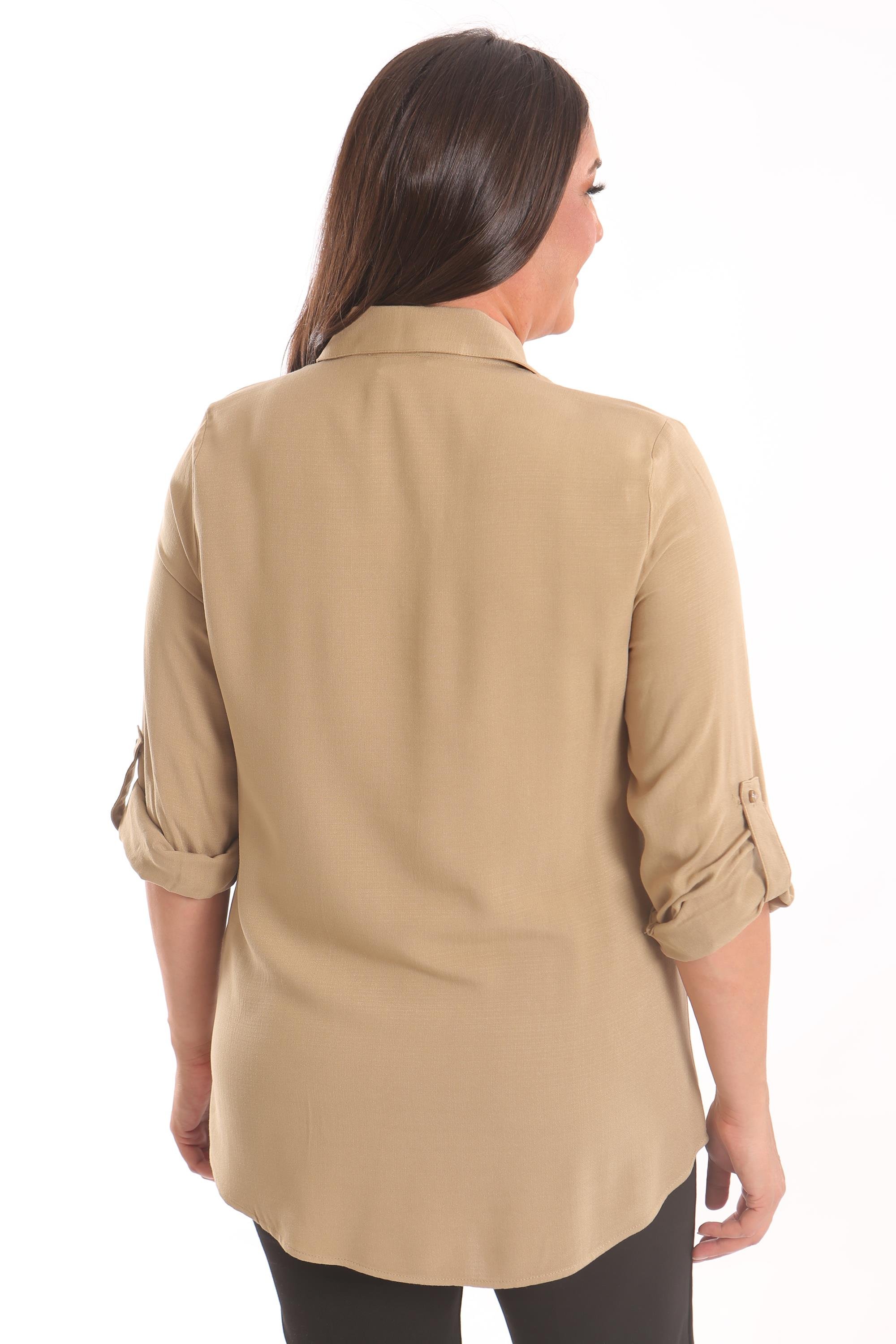 Trend42plus Büyük Beden Haki Taş Baskılı Dokuma Gömlek