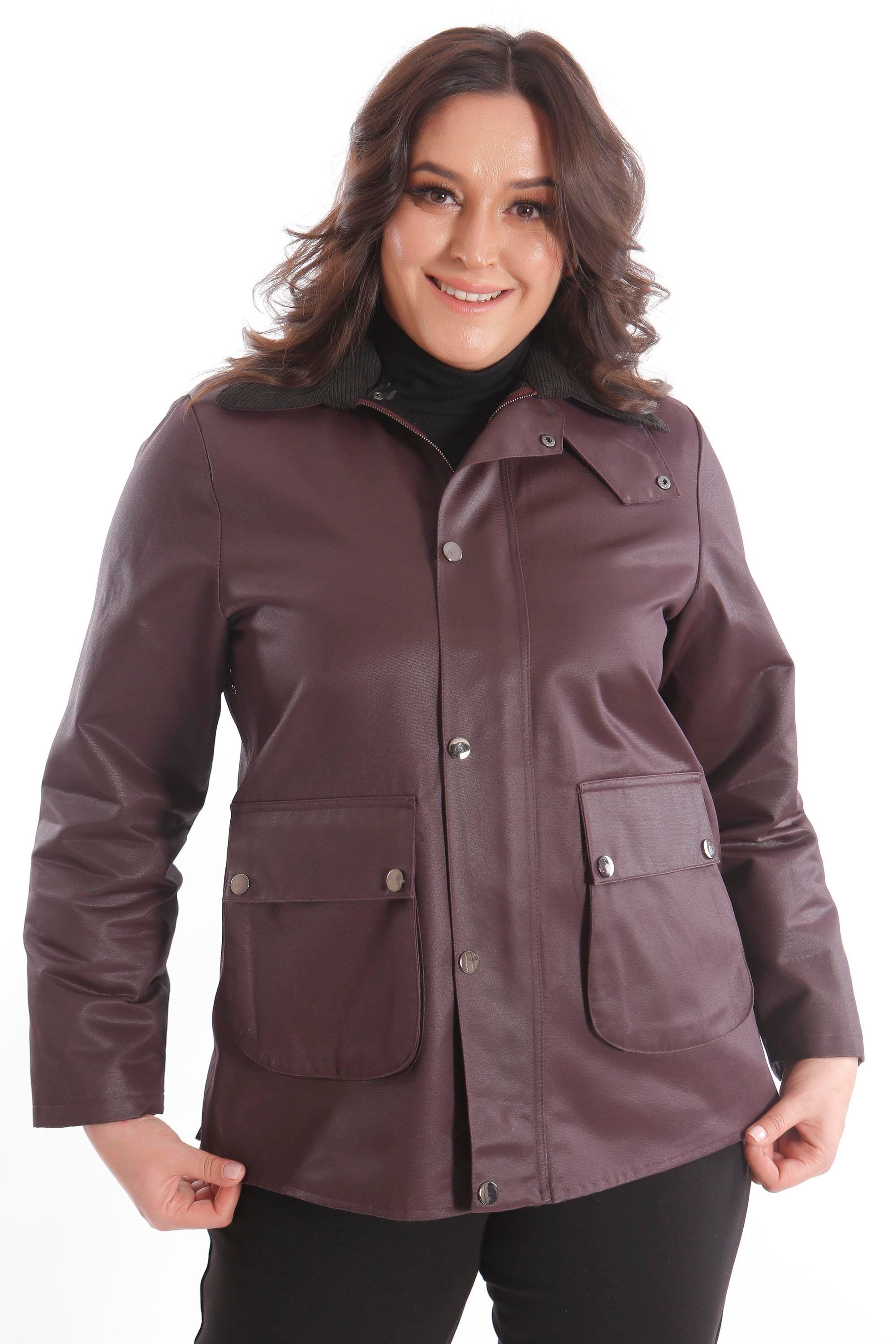 Trend42plus Büyük Beden Kadife Yakalı Çıt Çıt Düğmeli Fermuarlı Bordo Kaban