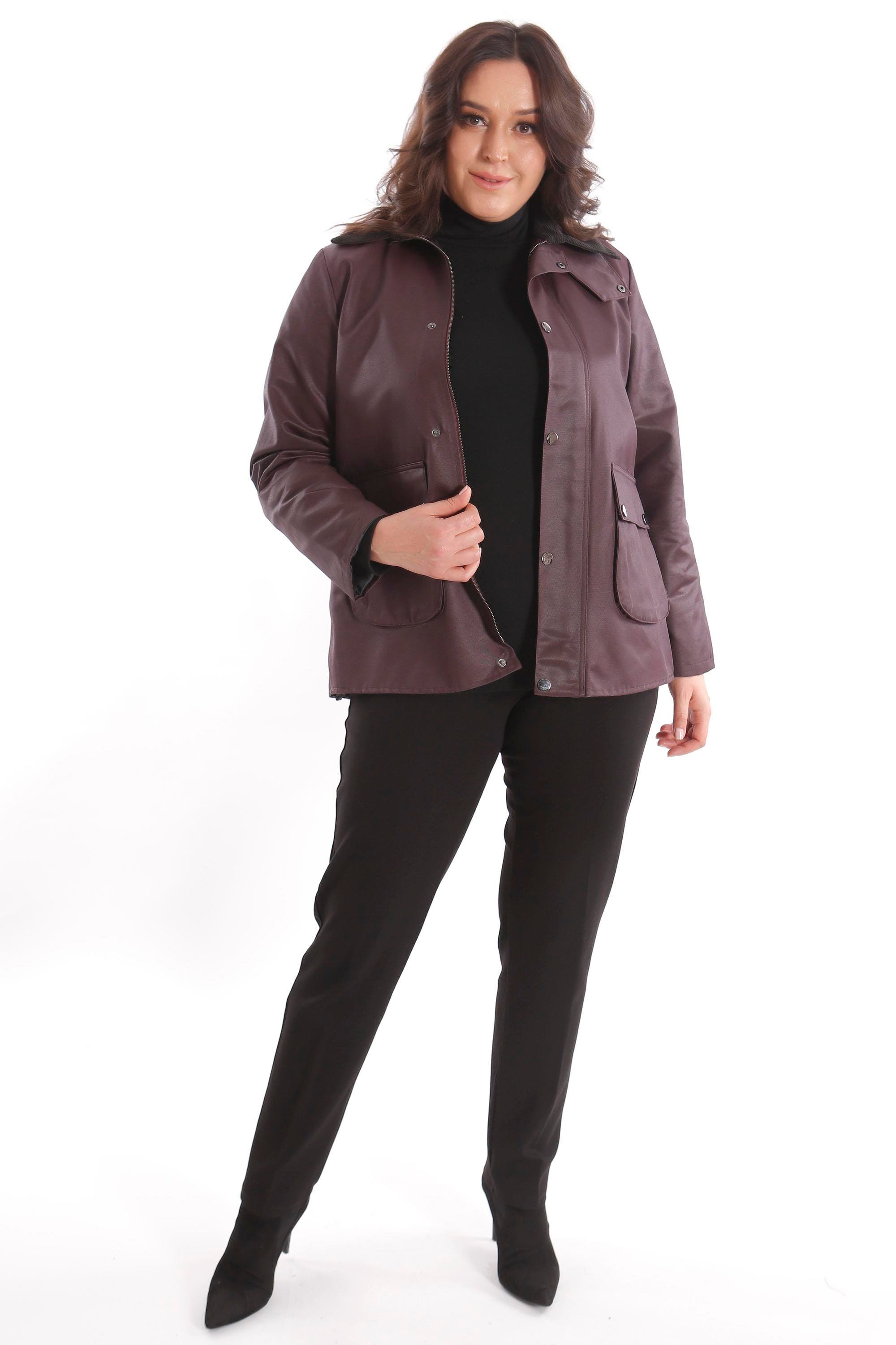 Trend42plus Büyük Beden Kadife Yakalı Çıt Çıt Düğmeli Fermuarlı Bordo Kaban