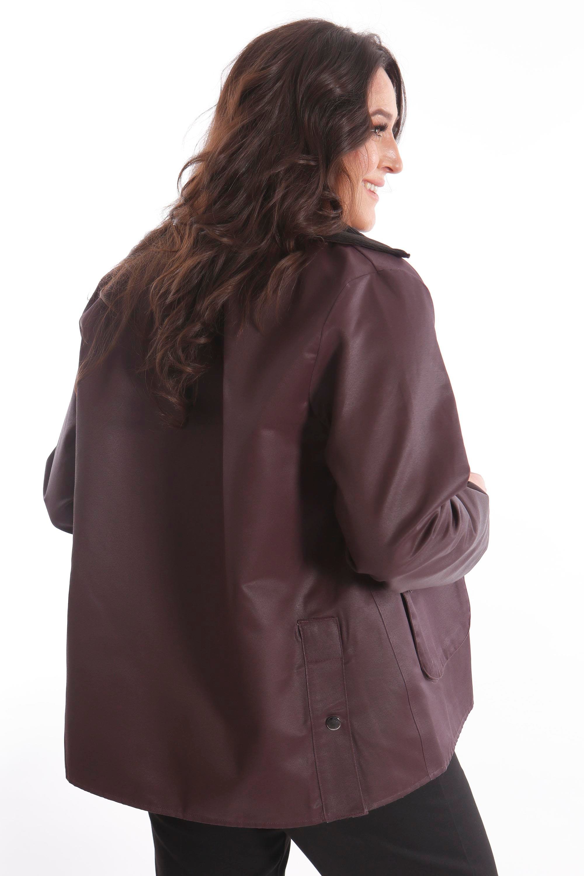 Trend42plus Büyük Beden Kadife Yakalı Çıt Çıt Düğmeli Fermuarlı Bordo Kaban