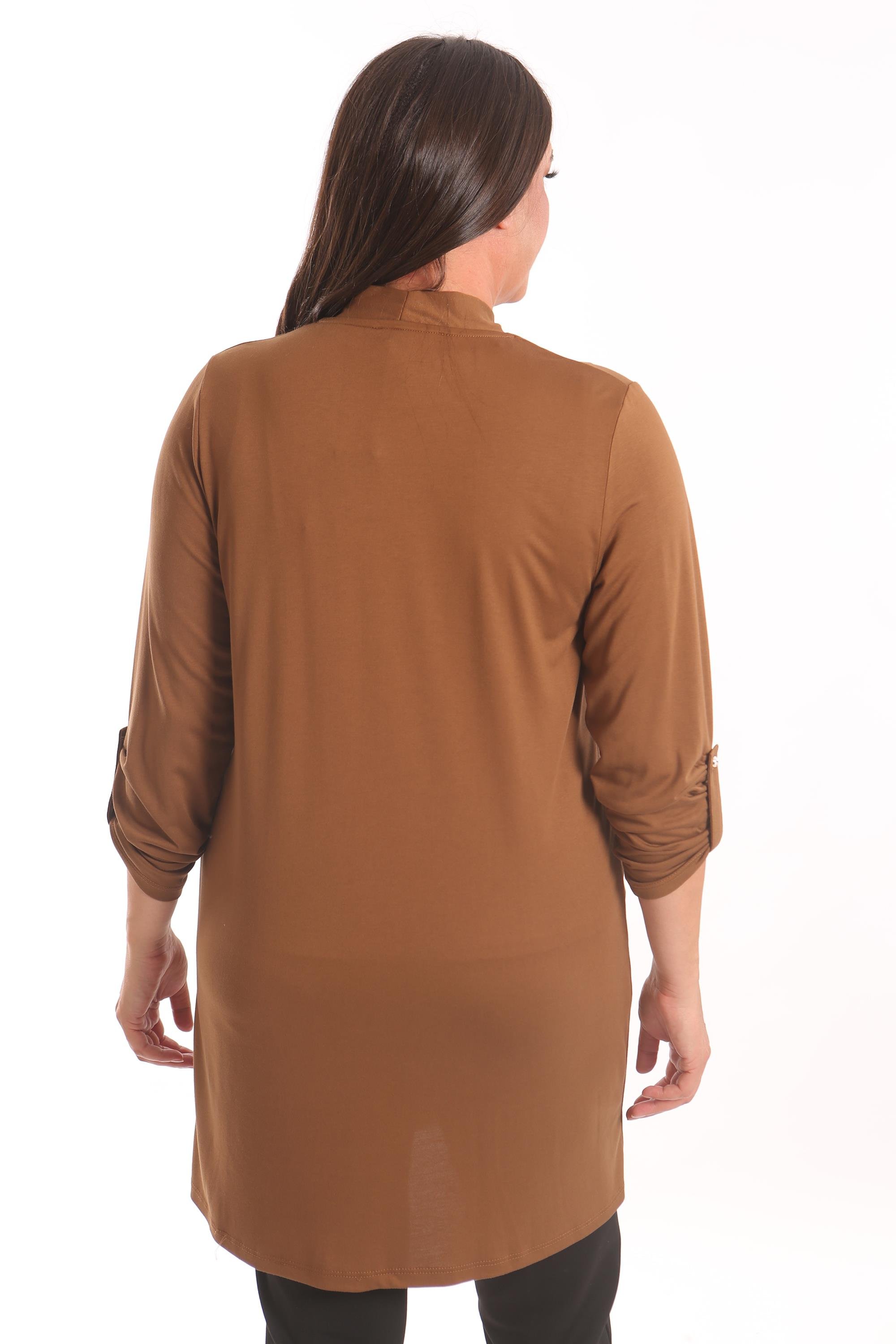 Trend42plus Büyük Beden Kahverengi Daire Desen Taş Baskılı Uzun Hırka