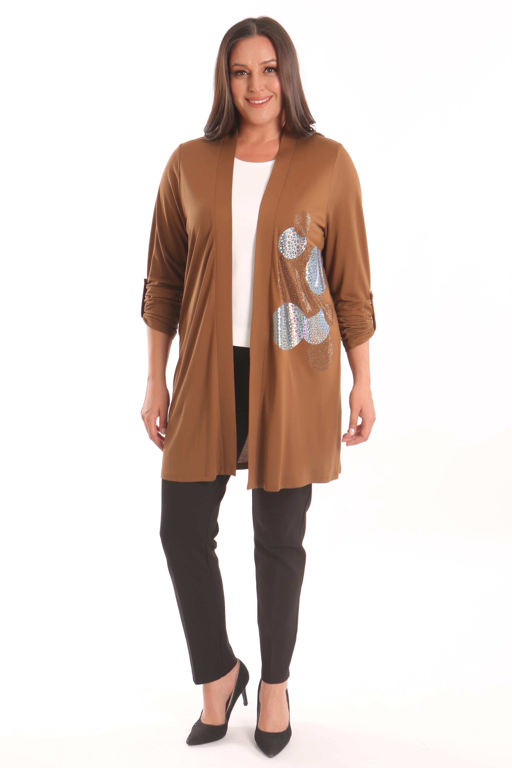 Trend42plus Büyük Beden Kahverengi Daire Desen Taş Baskılı Uzun Hırka