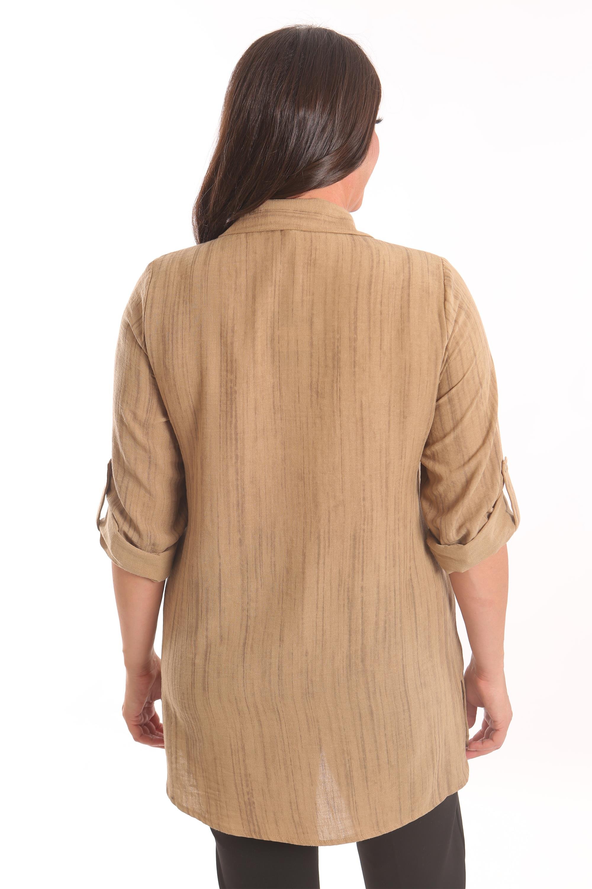 Trend42plus Büyük Beden Kahverengi Taş Baskılı Allerli Gömlek