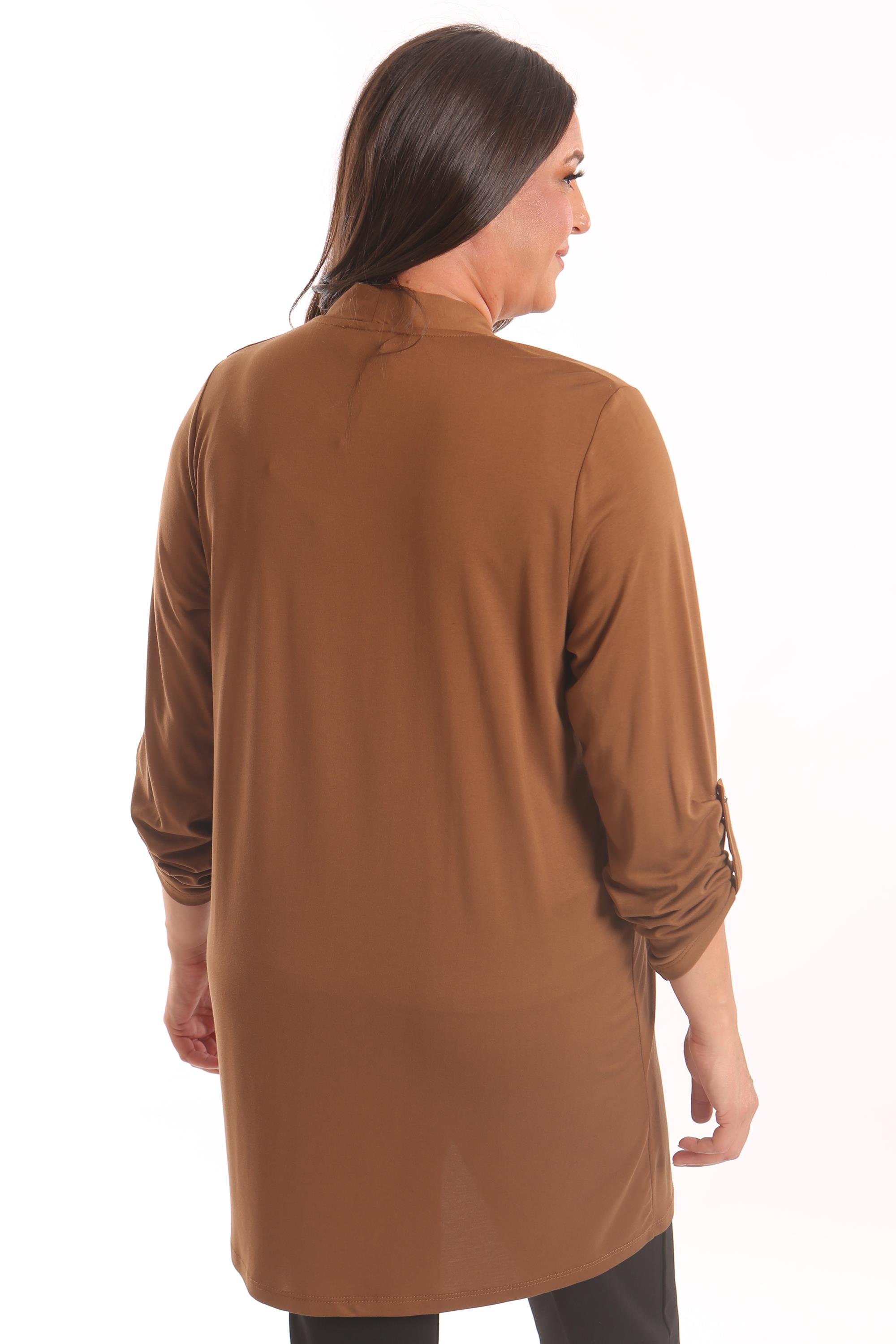 Trend42plus Büyük Beden Kahverengi Taş Baskılı Uzun Hırka