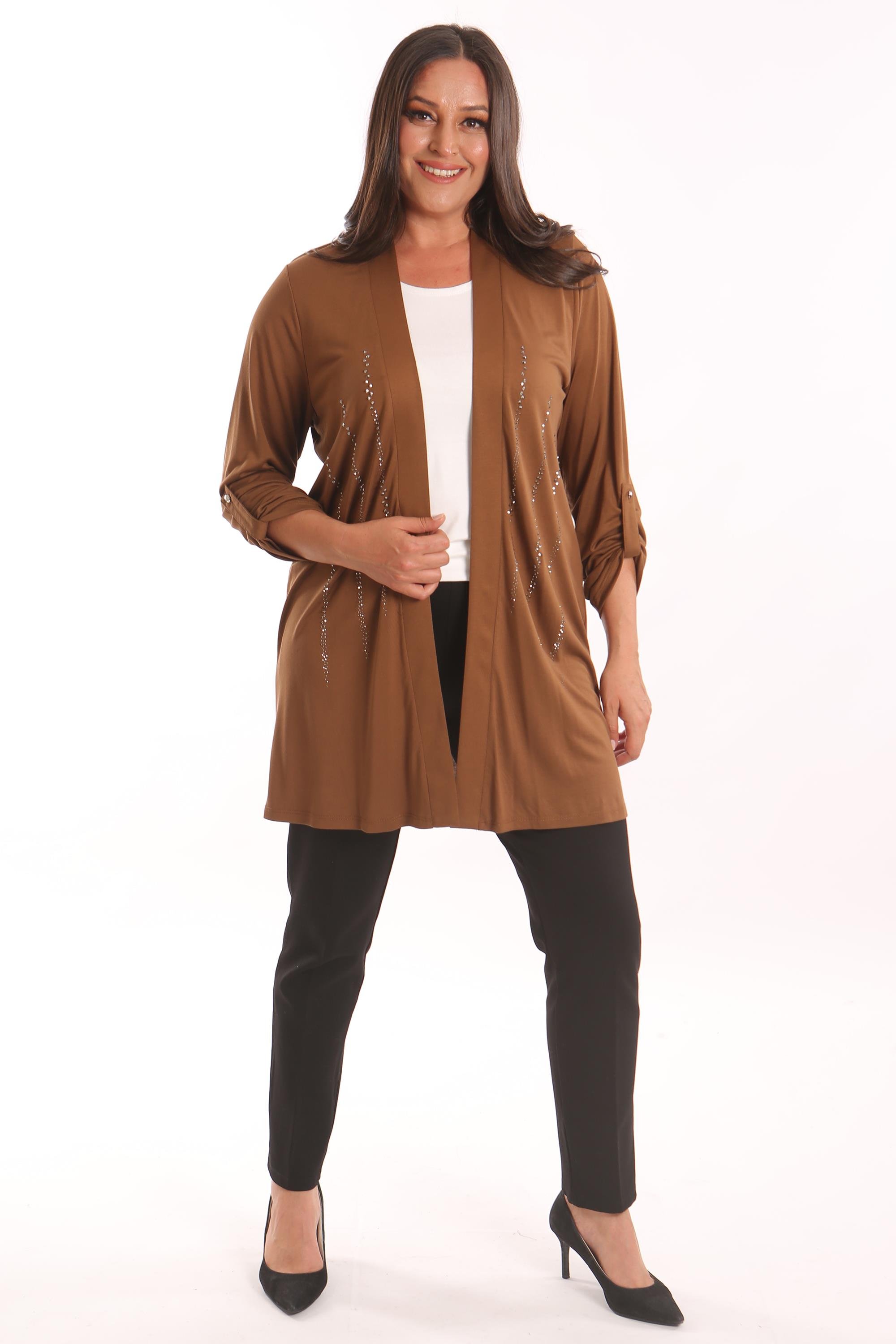 Trend42plus Büyük Beden Kahverengi Taş Baskılı Uzun Hırka