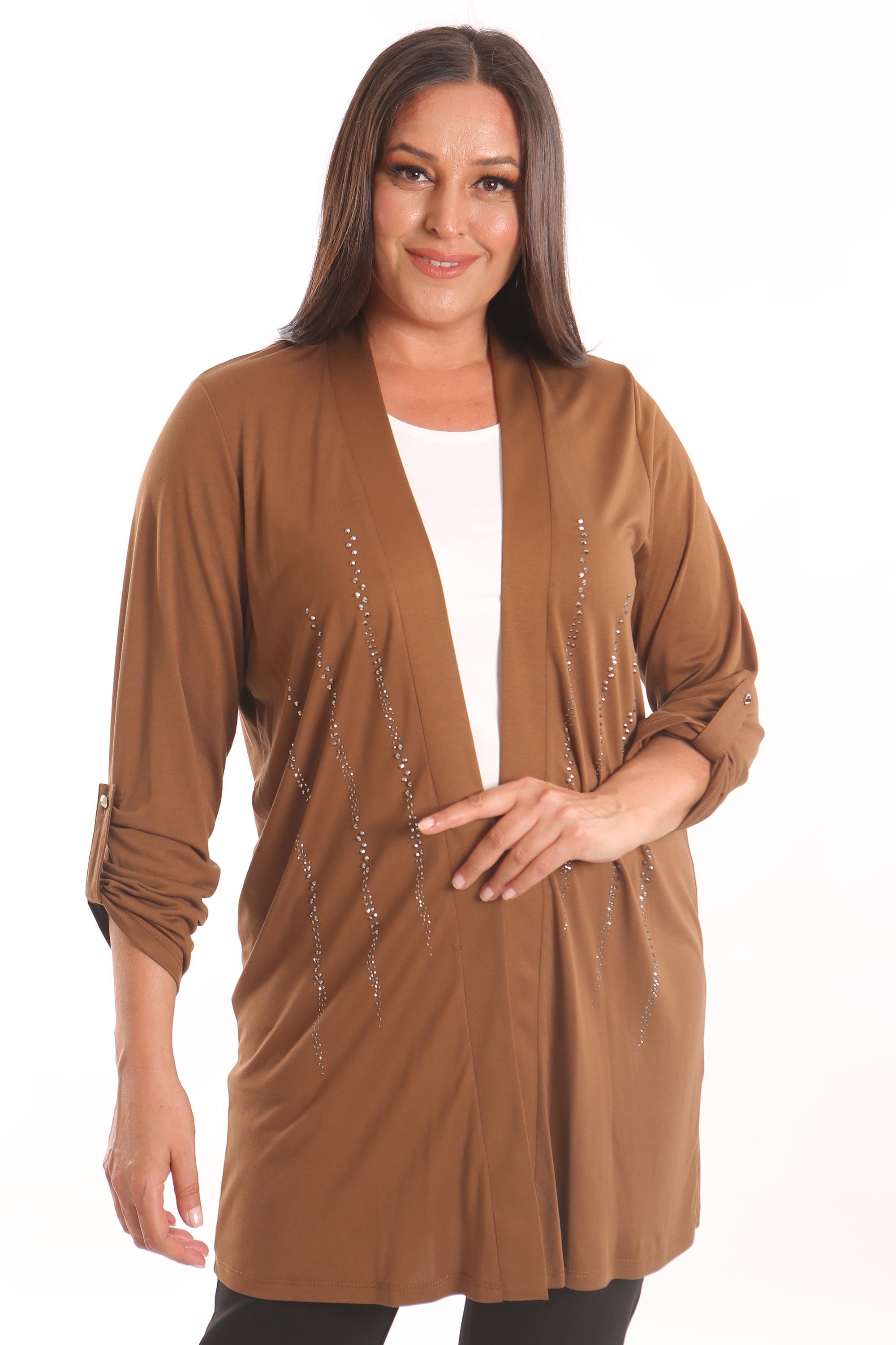 Trend42plus Büyük Beden Kahverengi Taş Baskılı Uzun Hırka