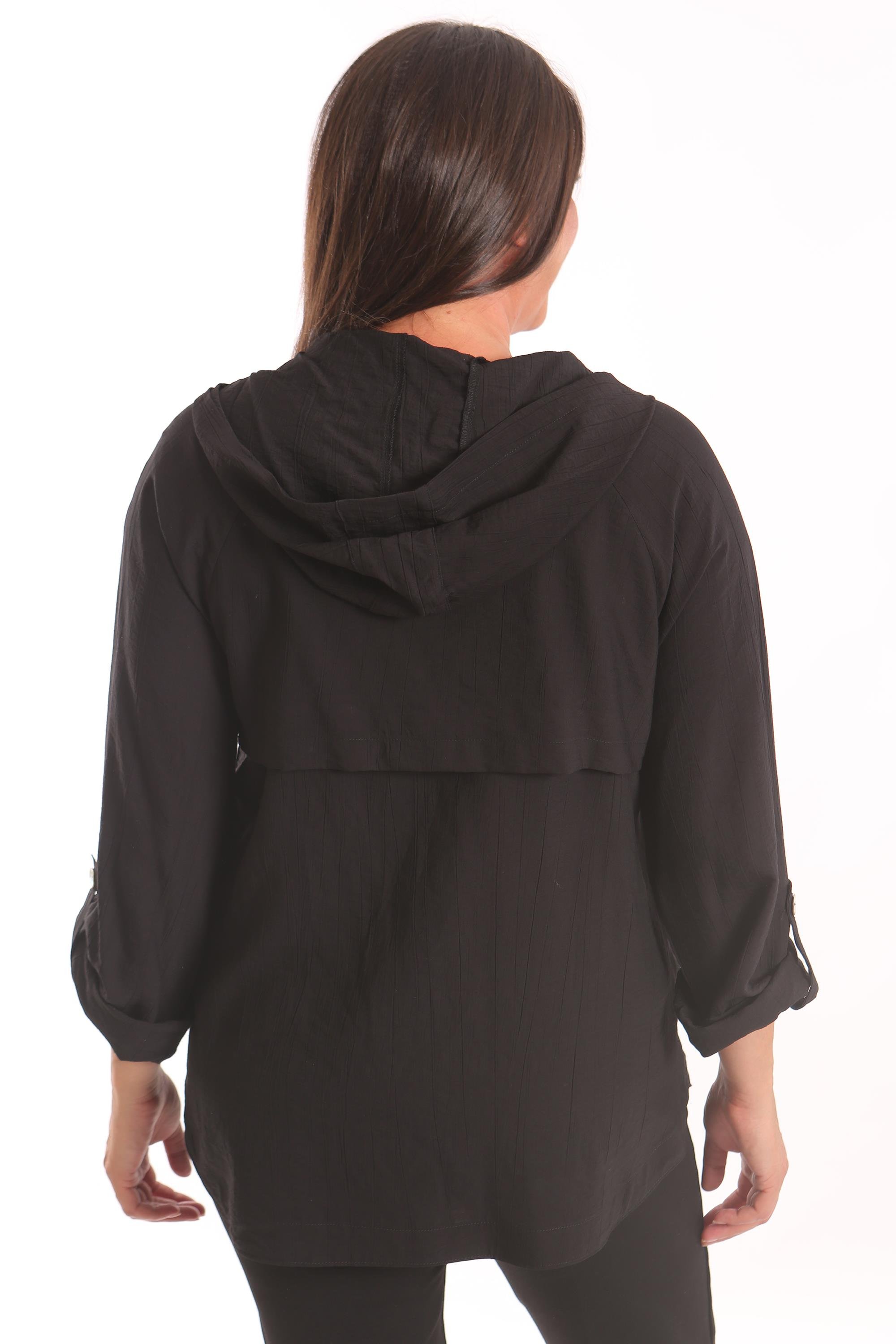 Trend42plus Büyük Beden Kapüşon ve Düğme Detaylı Siyah Trençkot