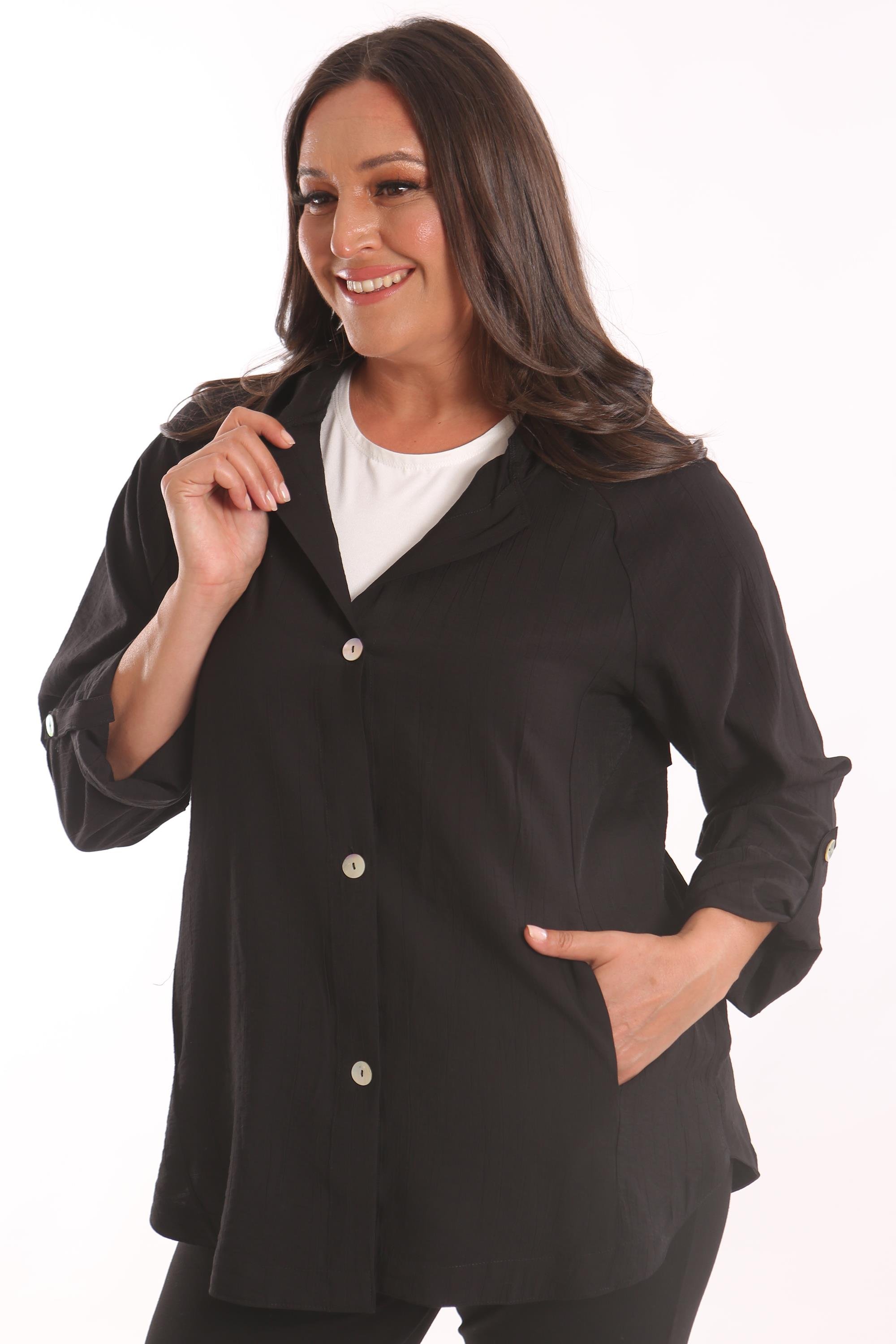 Trend42plus Büyük Beden Kapüşon ve Düğme Detaylı Siyah Trençkot