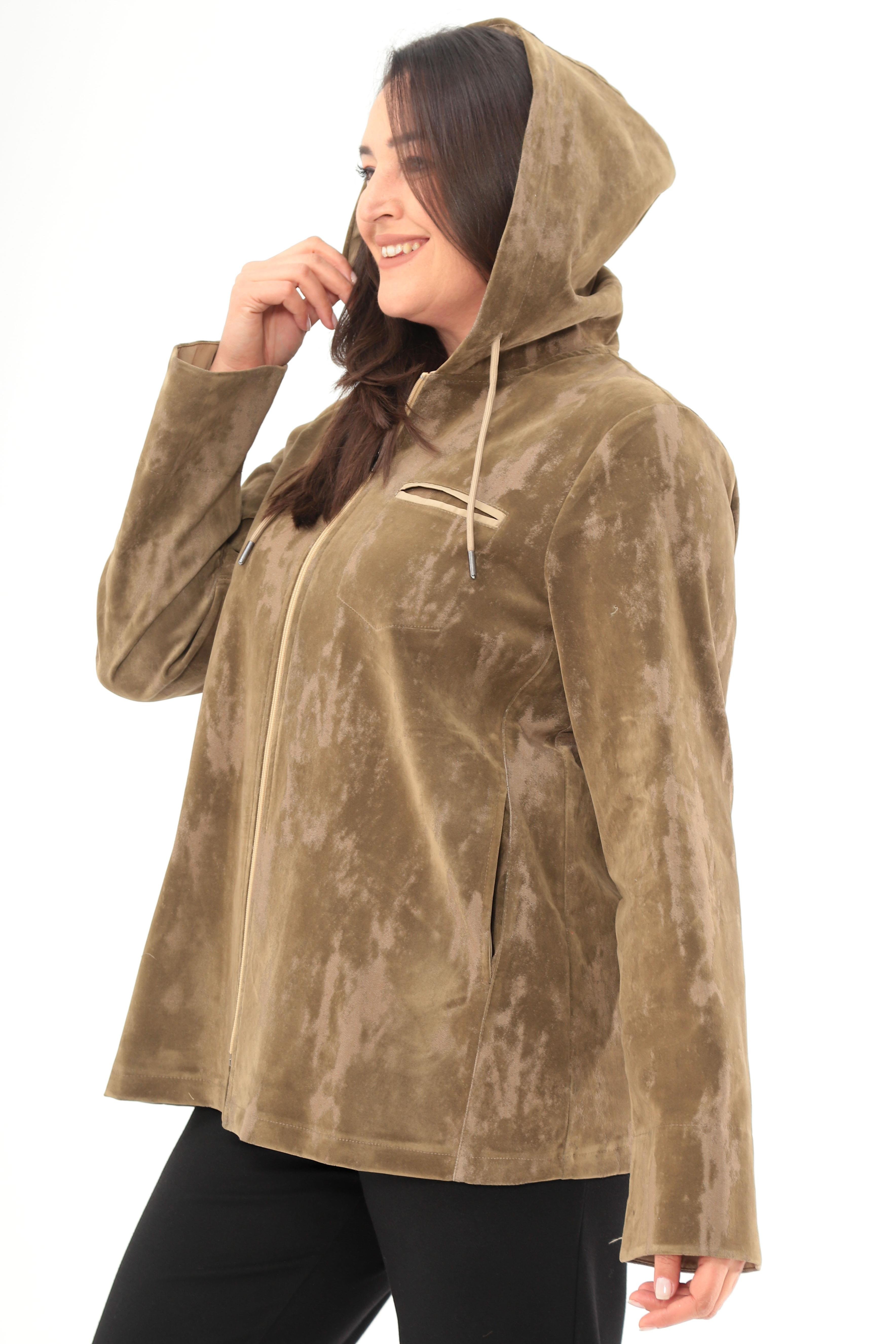 Trend42plus Büyük Beden Kapüşonlu Batik Desen Haki Trençkot