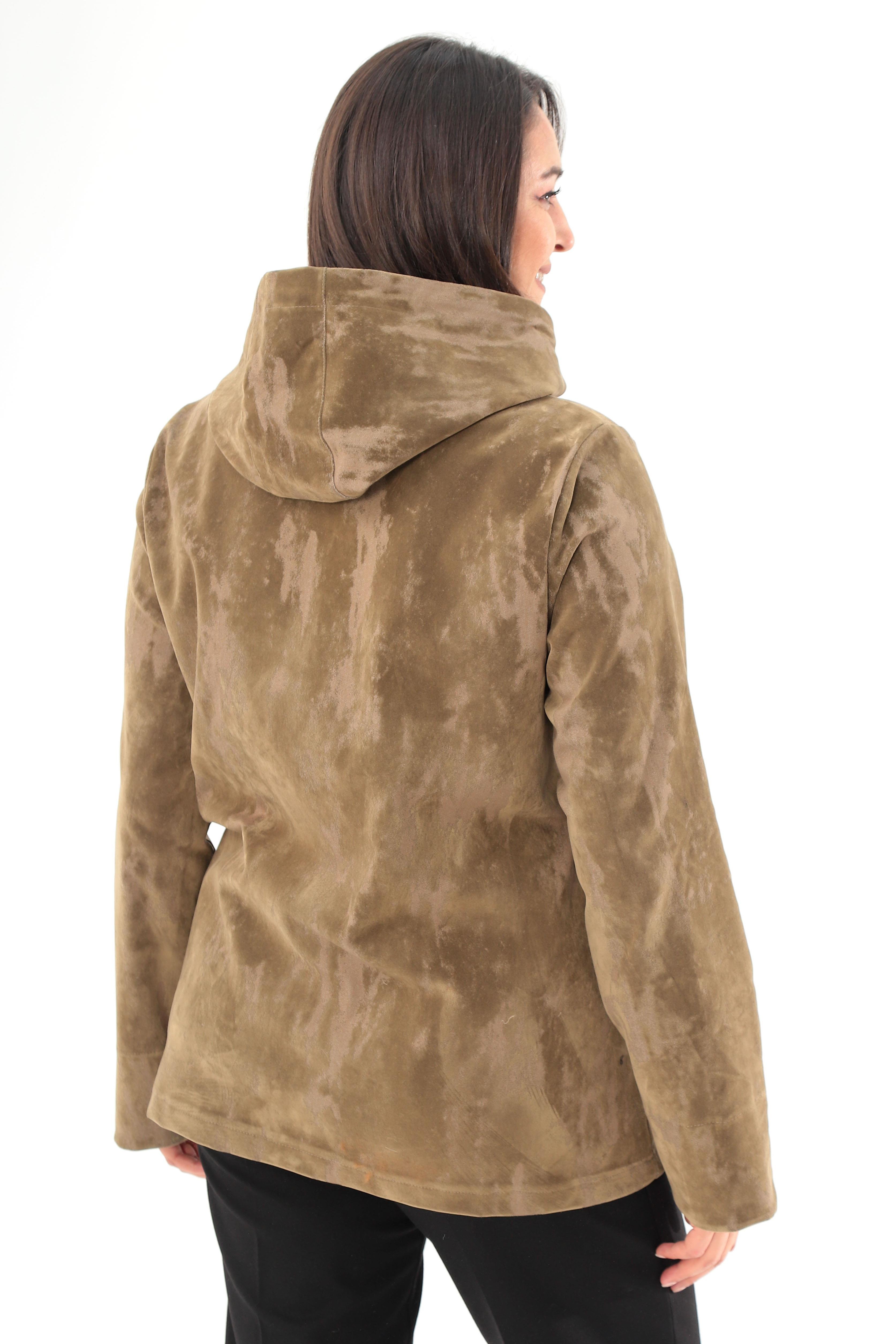 Trend42plus Büyük Beden Kapüşonlu Batik Desen Haki Trençkot