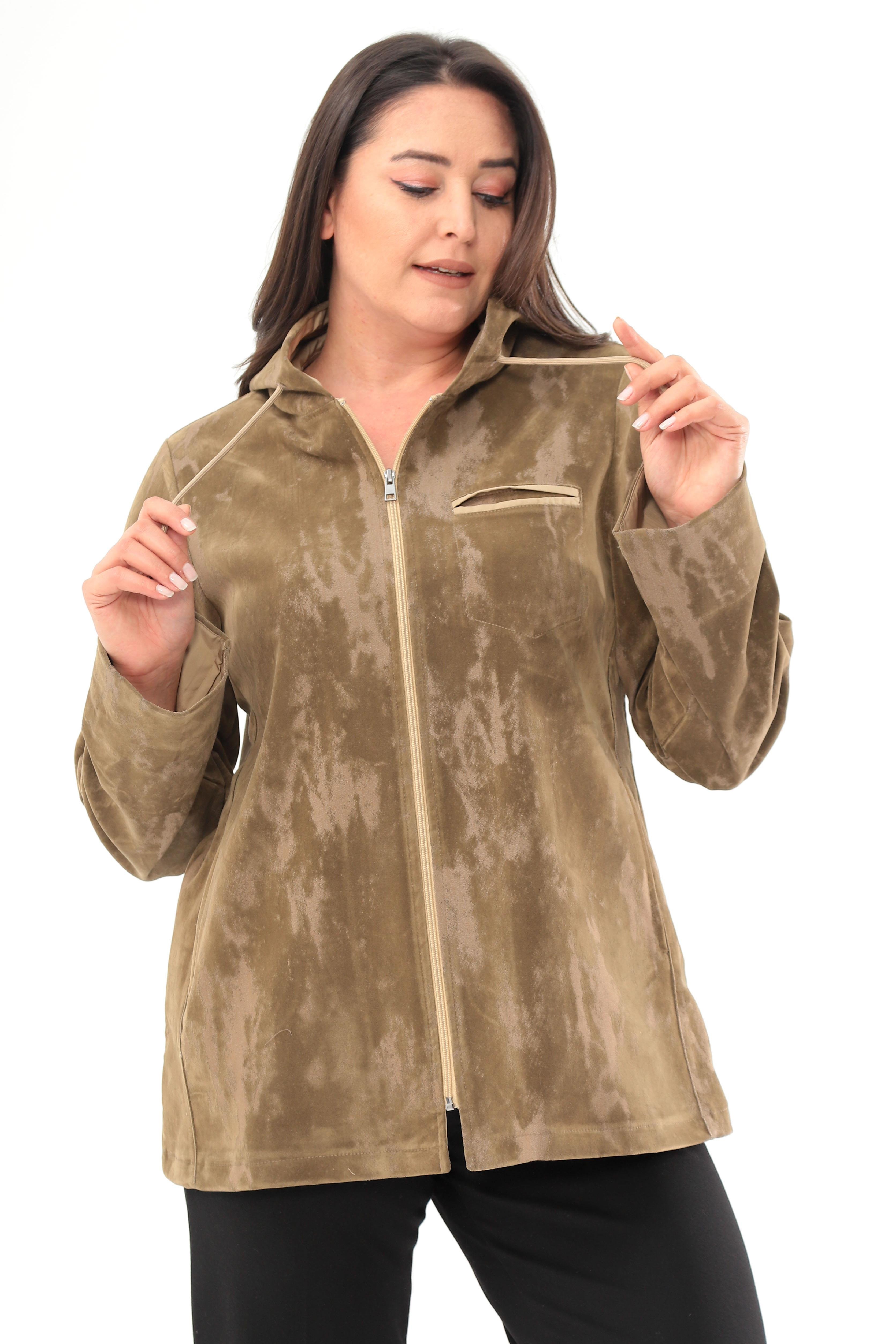 Trend42plus Büyük Beden Kapüşonlu Batik Desen Haki Trençkot