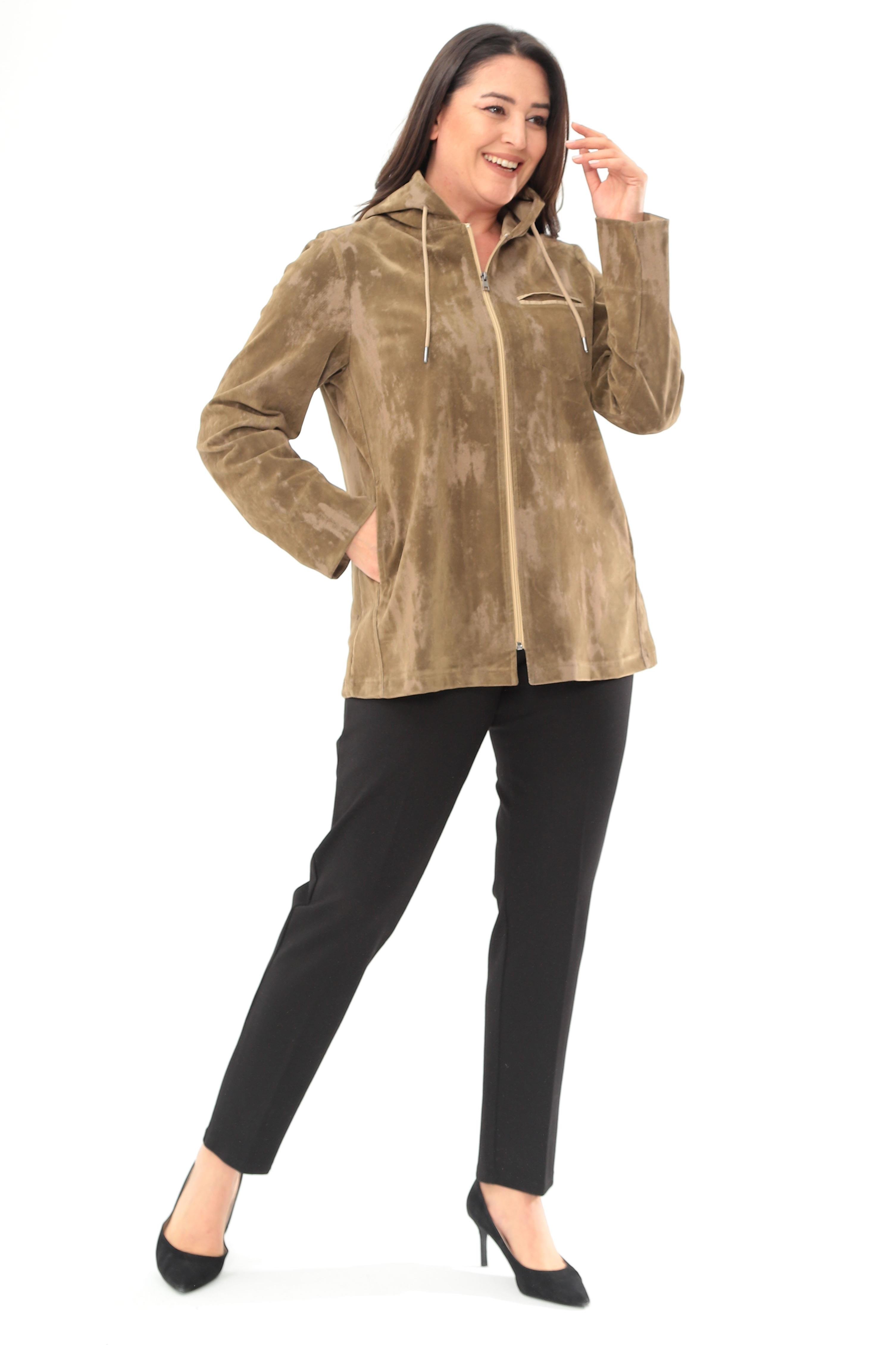 Trend42plus Büyük Beden Kapüşonlu Batik Desen Haki Trençkot