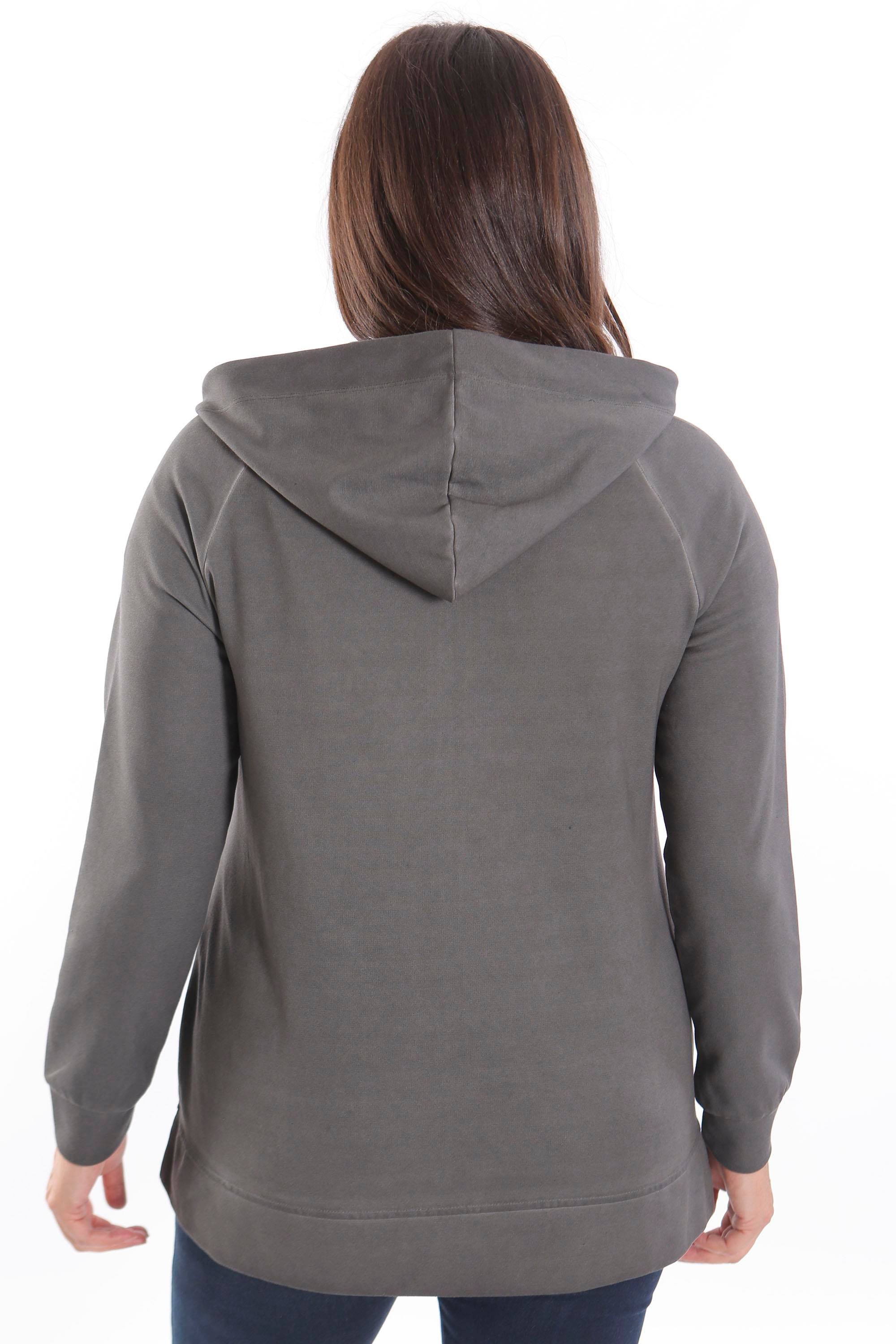 Trend42plus Büyük Beden Kapüşonlu Cep Detaylı ve Batik Yıkamalı Siyah Sweatshirt