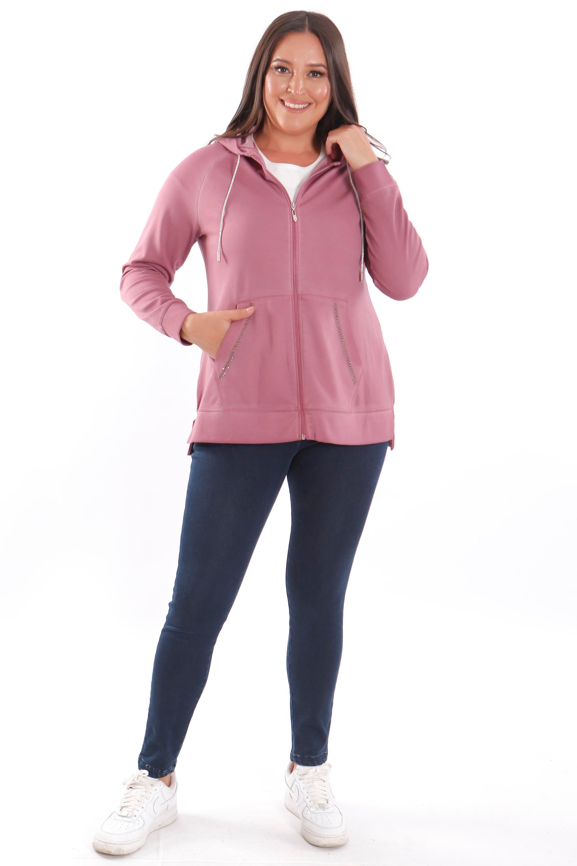 Trend42plus Büyük Beden Kapüşonlu Cep Detaylı ve Batik Yıkamalı Bordo Sweatshirt