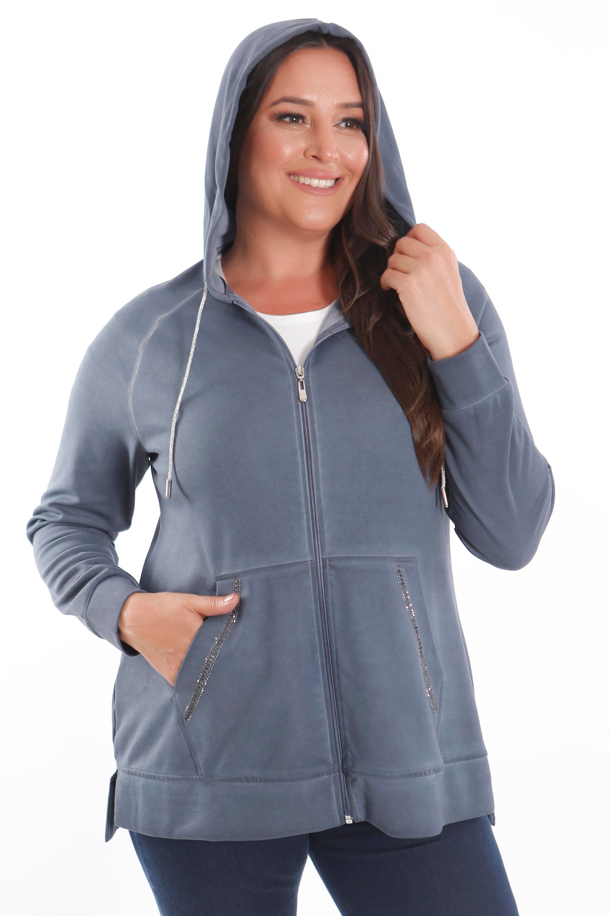 Trend42plus Büyük Beden Kapüşonlu Cep Detaylı ve Batik Yıkamalı Lacivert Sweatshirt