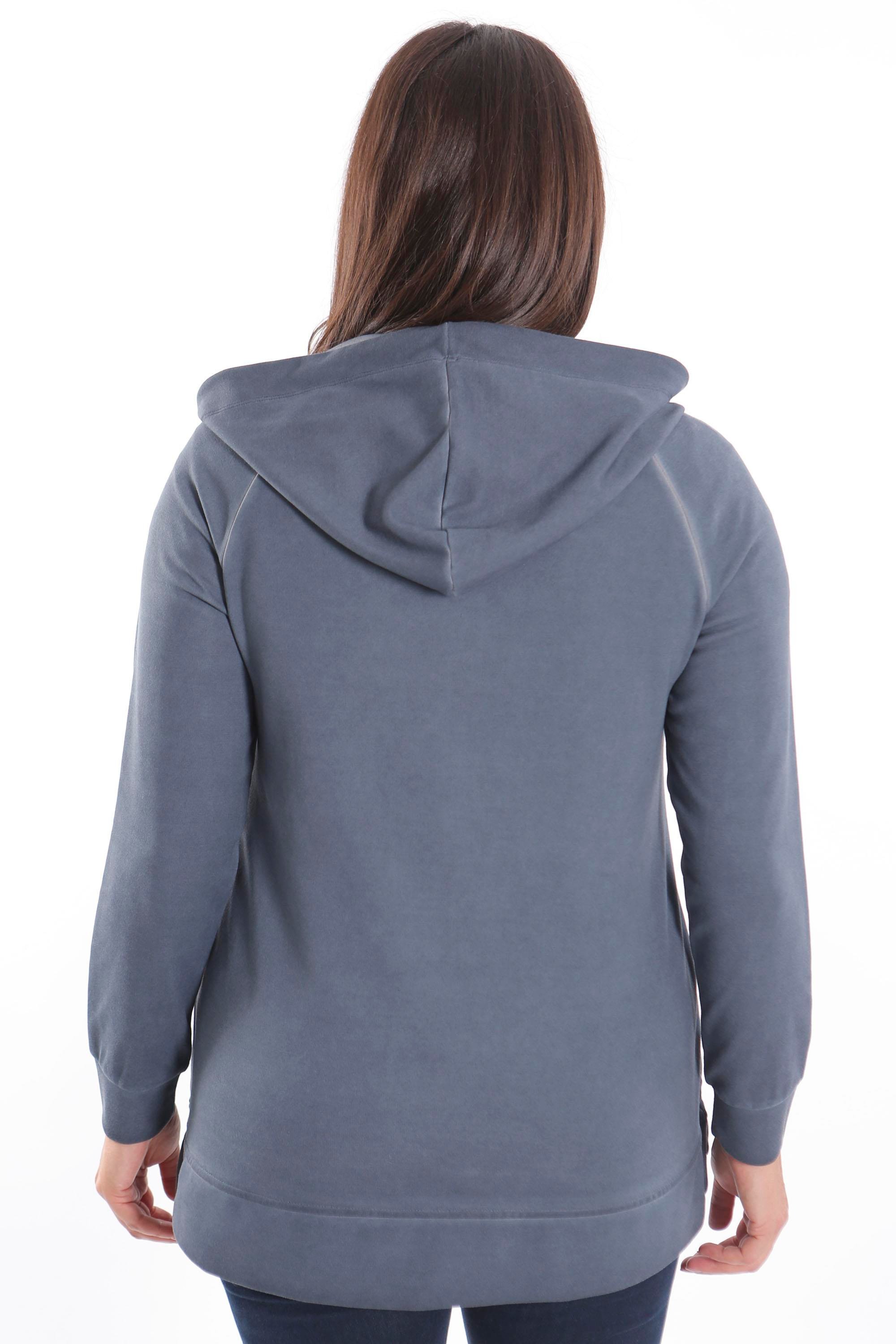 Trend42plus Büyük Beden Kapüşonlu Cep Detaylı ve Batik Yıkamalı Lacivert Sweatshirt