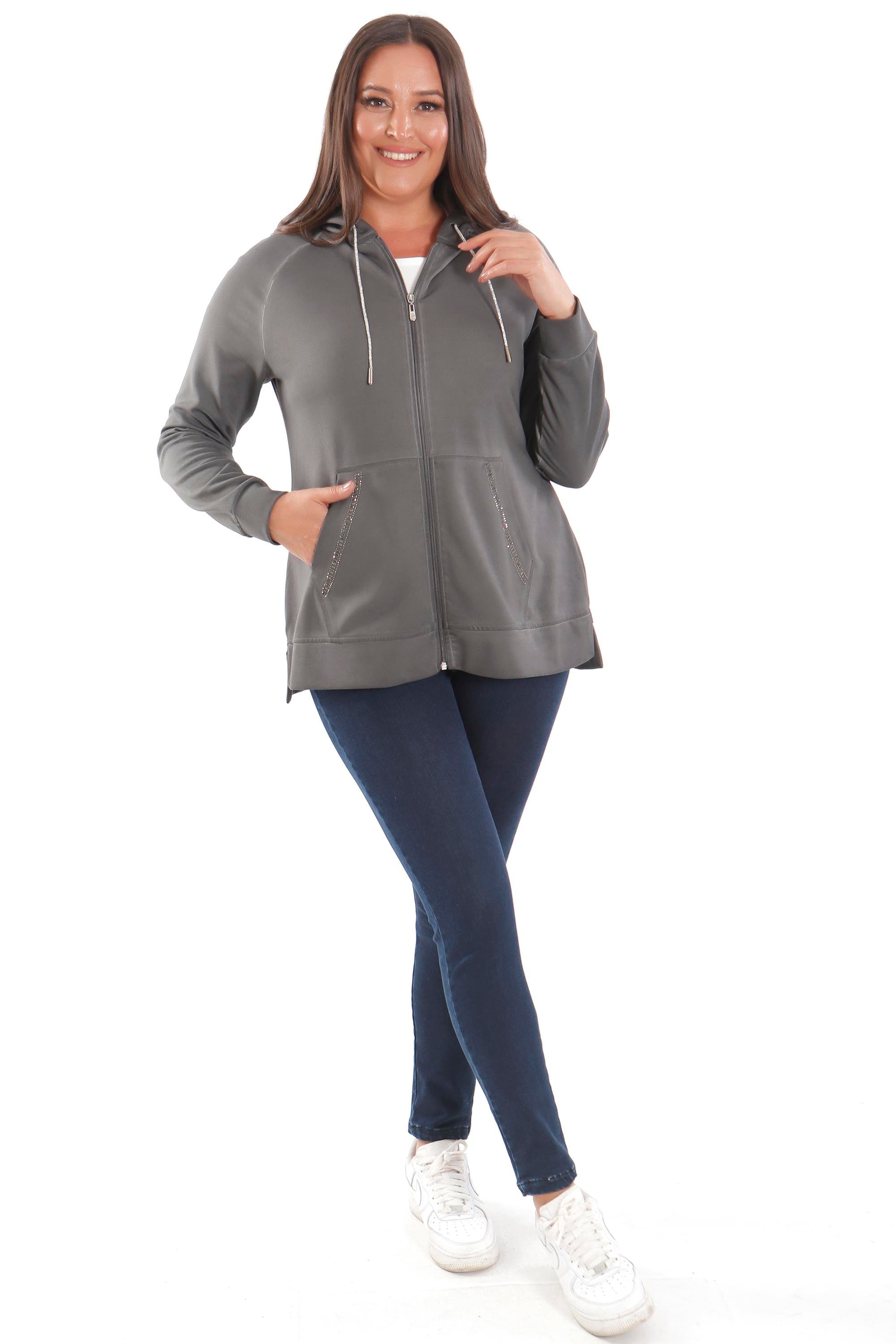 Trend42plus Büyük Beden Kapüşonlu Cep Detaylı ve Batik Yıkamalı Siyah Sweatshirt