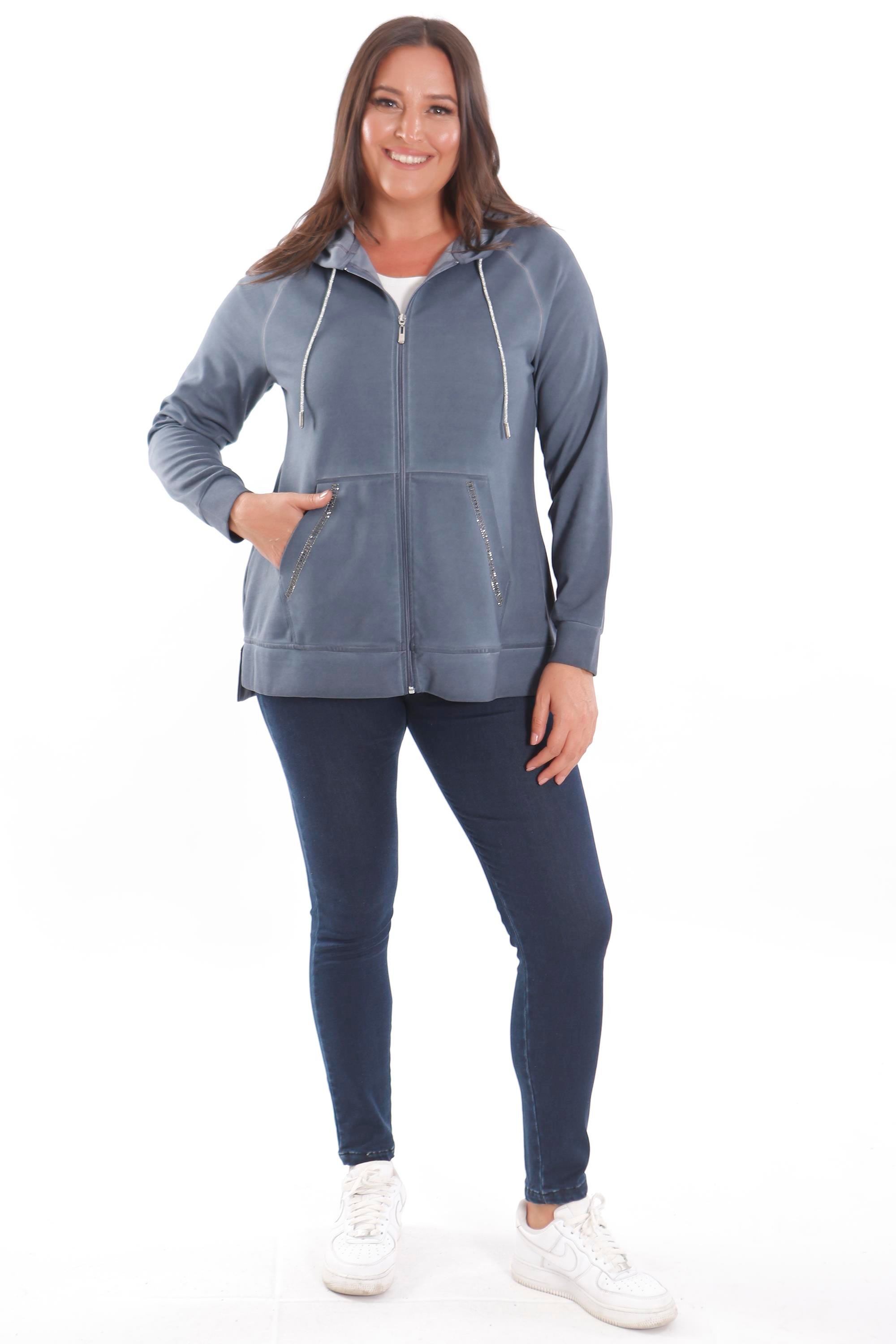 Trend42plus Büyük Beden Kapüşonlu Cep Detaylı ve Batik Yıkamalı Lacivert Sweatshirt