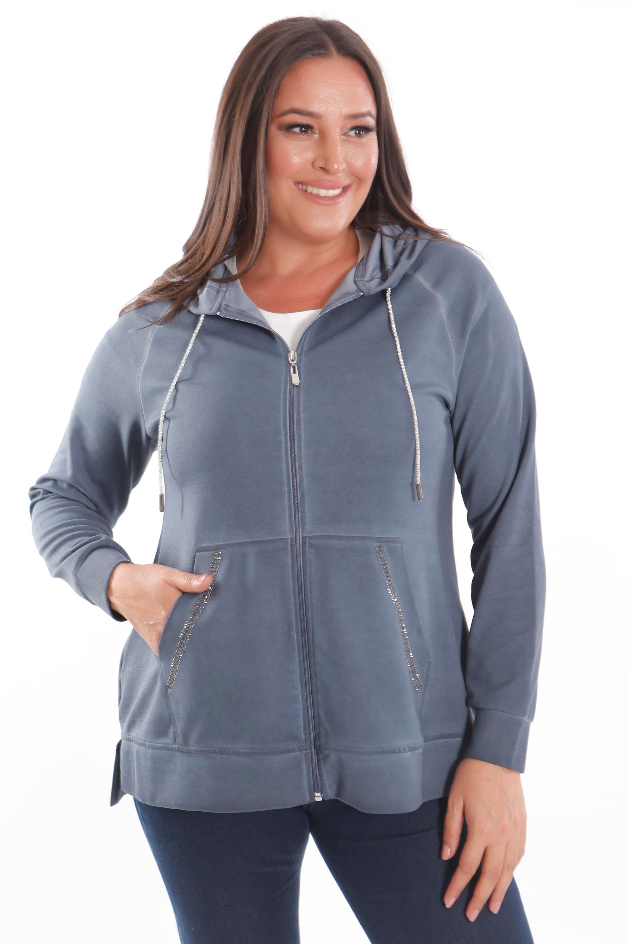 Trend42plus Büyük Beden Kapüşonlu Cep Detaylı ve Batik Yıkamalı Lacivert Sweatshirt