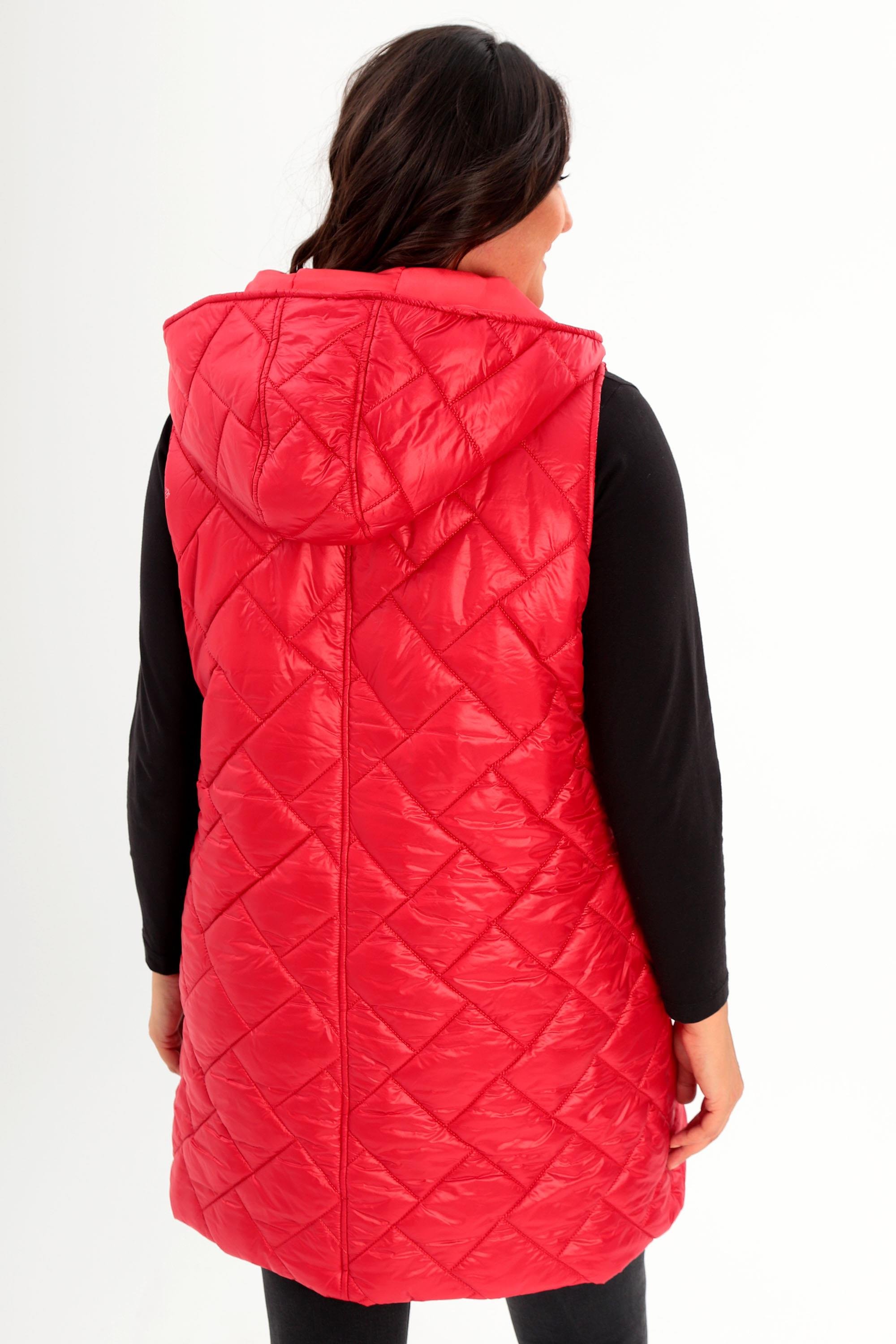 Trend42plus Büyük Beden Kapüşonlu ve Cep detaylı Uzun Büyük Beden Kırmızı Şişme Yelek