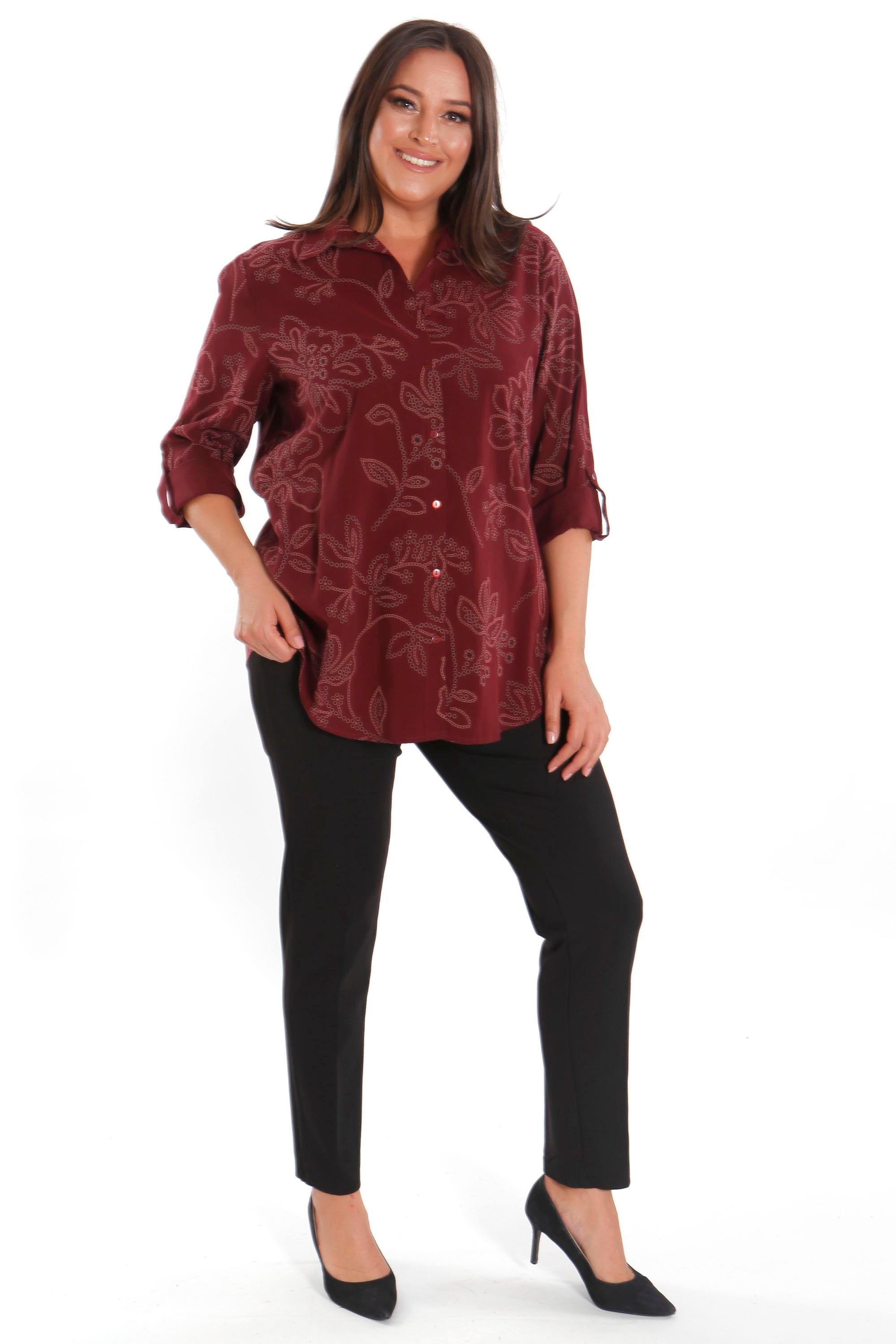 Trend42plus Büyük Beden Kendinden Desenli Bordo Gömlek