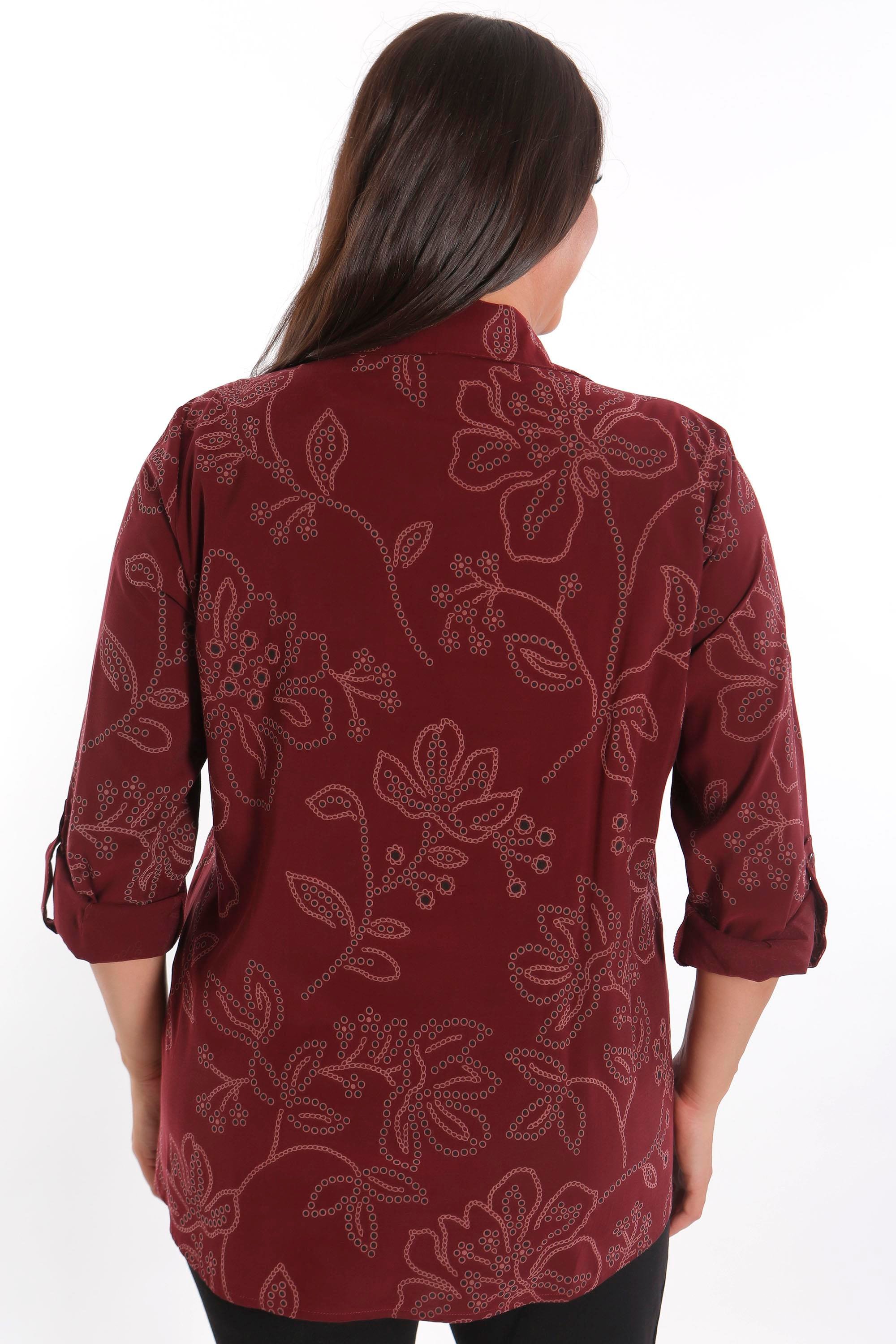 Trend42plus Büyük Beden Kendinden Desenli Bordo Gömlek
