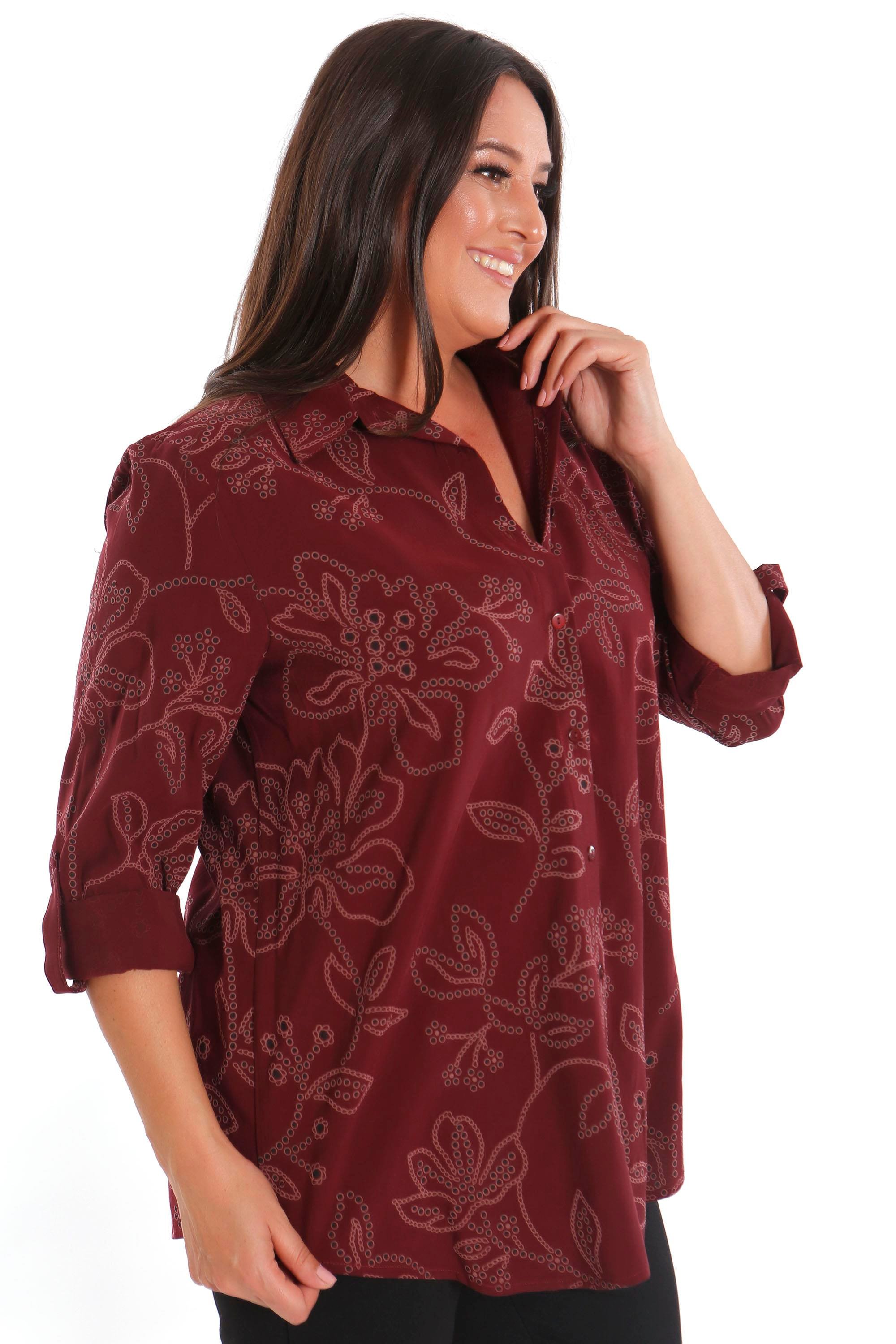 Trend42plus Büyük Beden Kendinden Desenli Bordo Gömlek