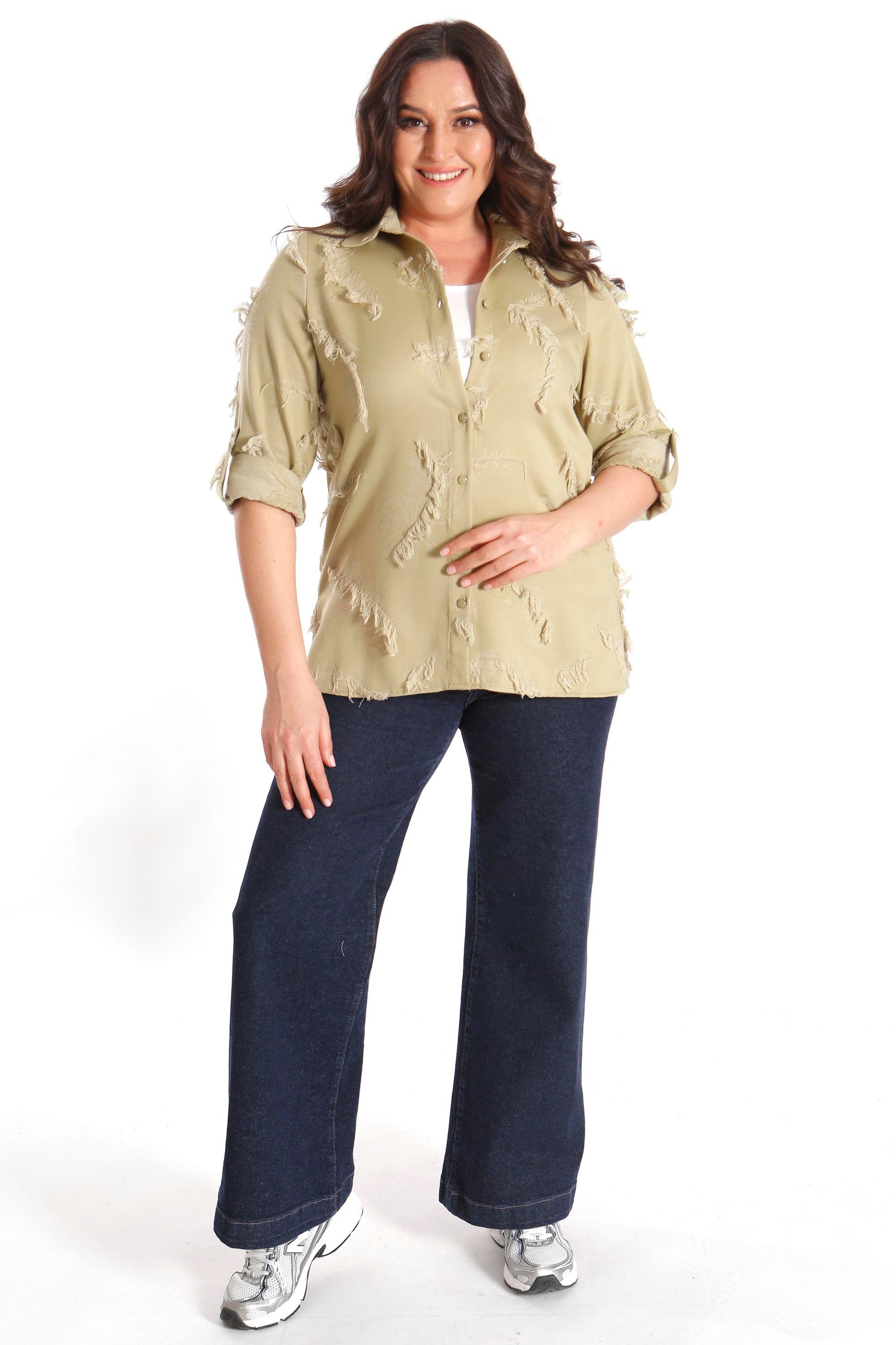 Trend42plus Büyük Beden Kendinden Desenli Yeşil Gömlek