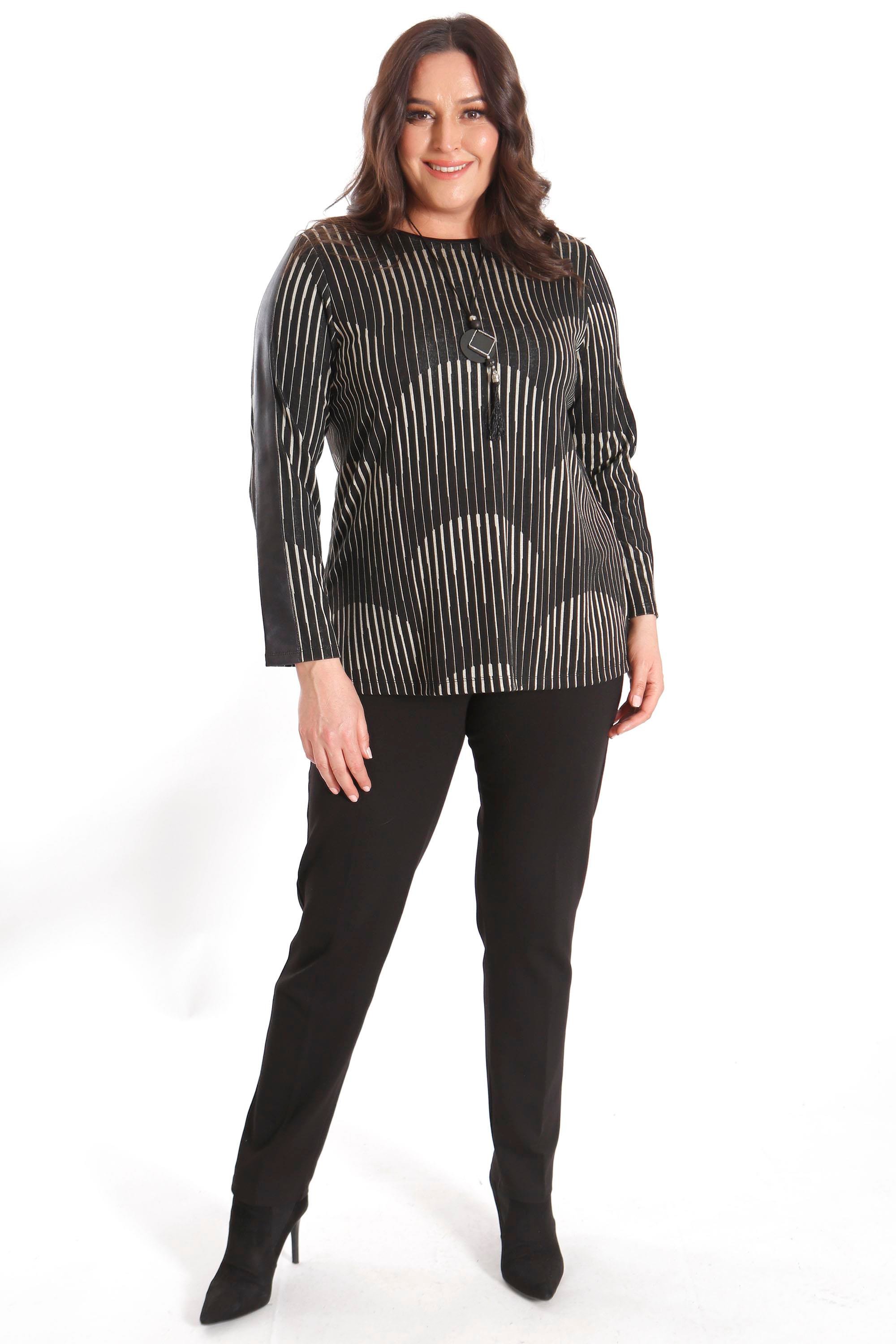 Trend42plus Büyük Beden Kollar Deri Şeritli Siyah Bluz
