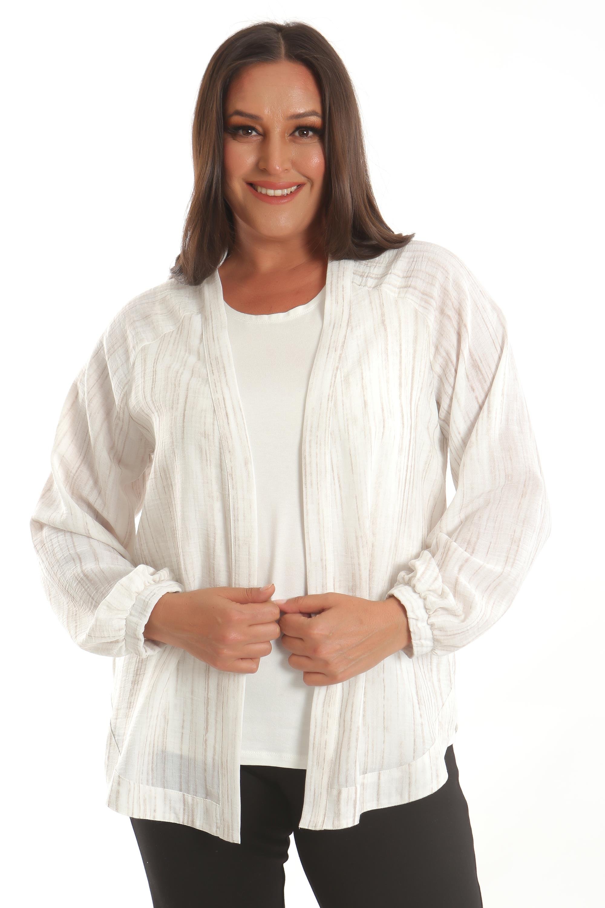 Trend42plus Büyük Beden Kumaşı Çizgili Kolları Lastikli Oversize  Ekru Ceket