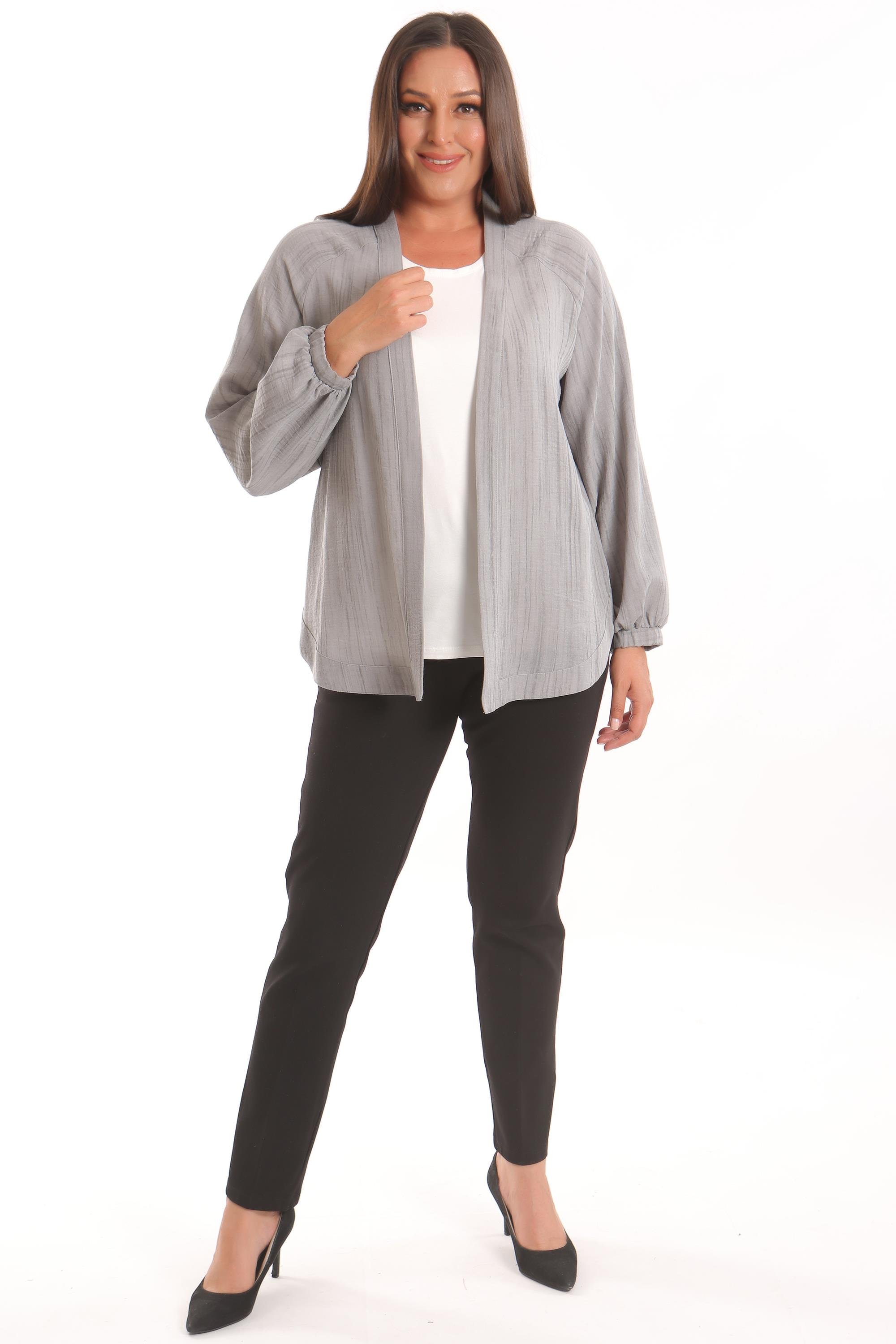 Trend42plus Büyük Beden Kumaşı Çizgili Kolları Lastikli Oversize  Gri Ceket