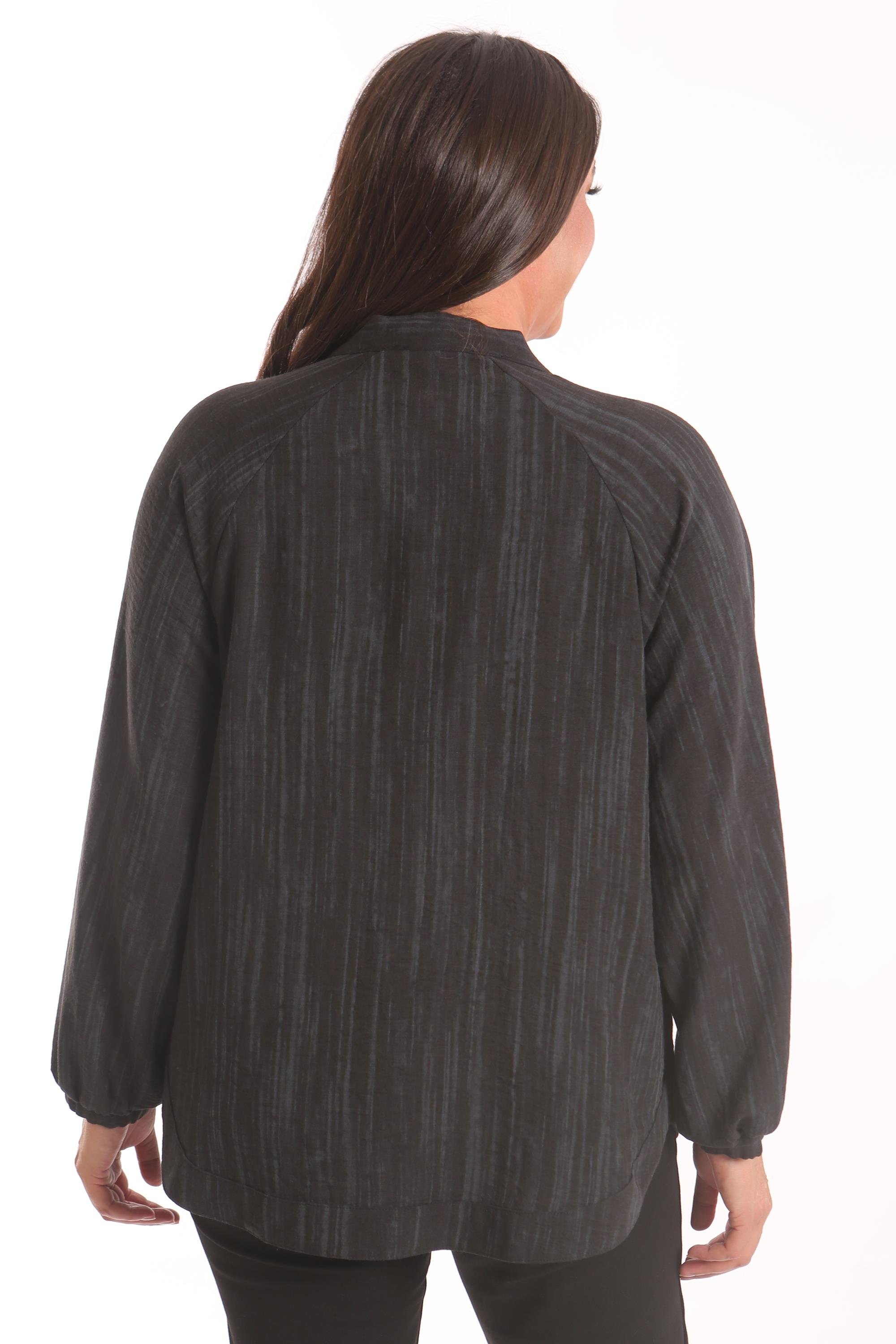 Trend42plus Büyük Beden Kumaşı Çizgili Kolları Lastikli Oversize  Siyah Ceket