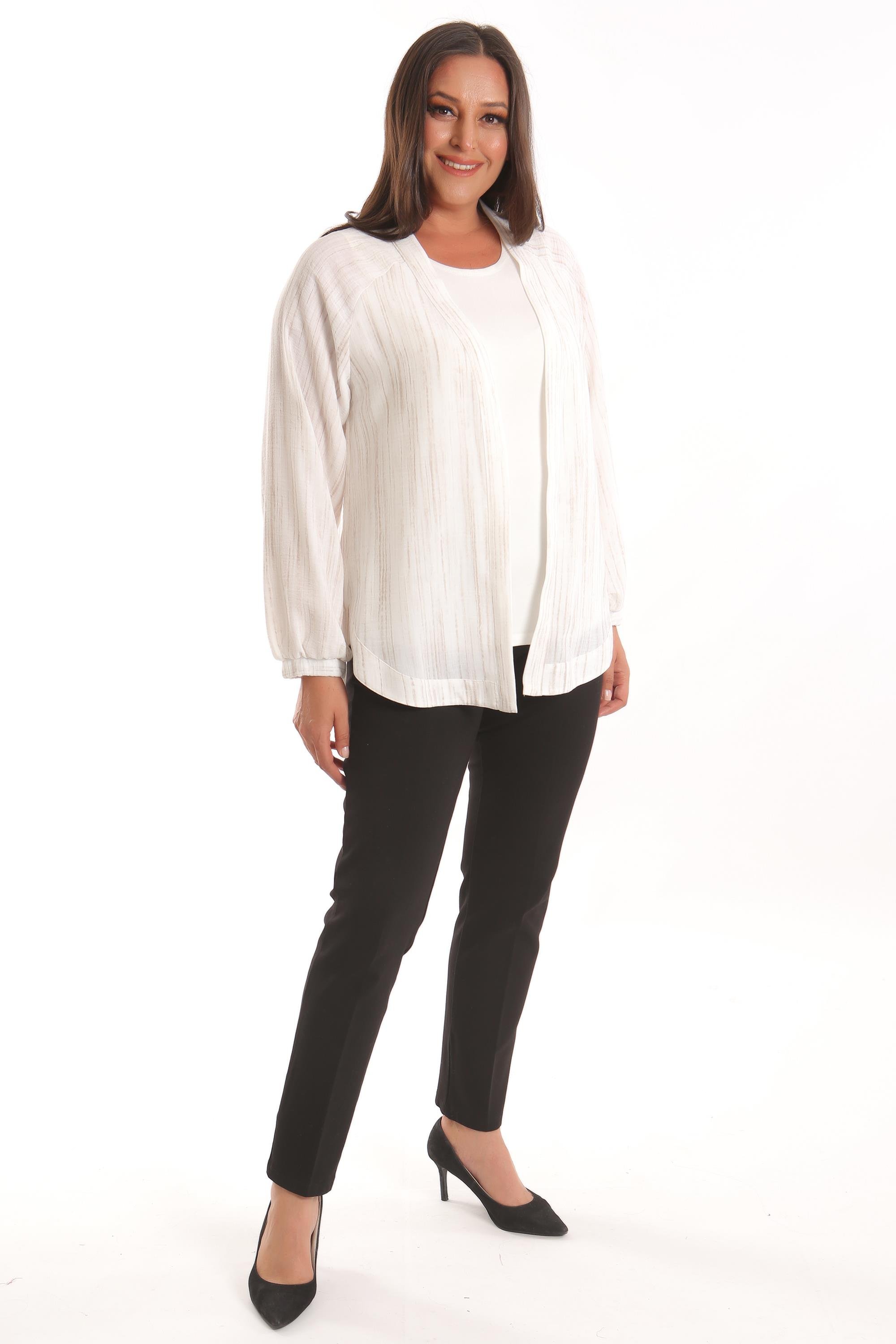 Trend42plus Büyük Beden Kumaşı Çizgili Kolları Lastikli Oversize  Ekru Ceket