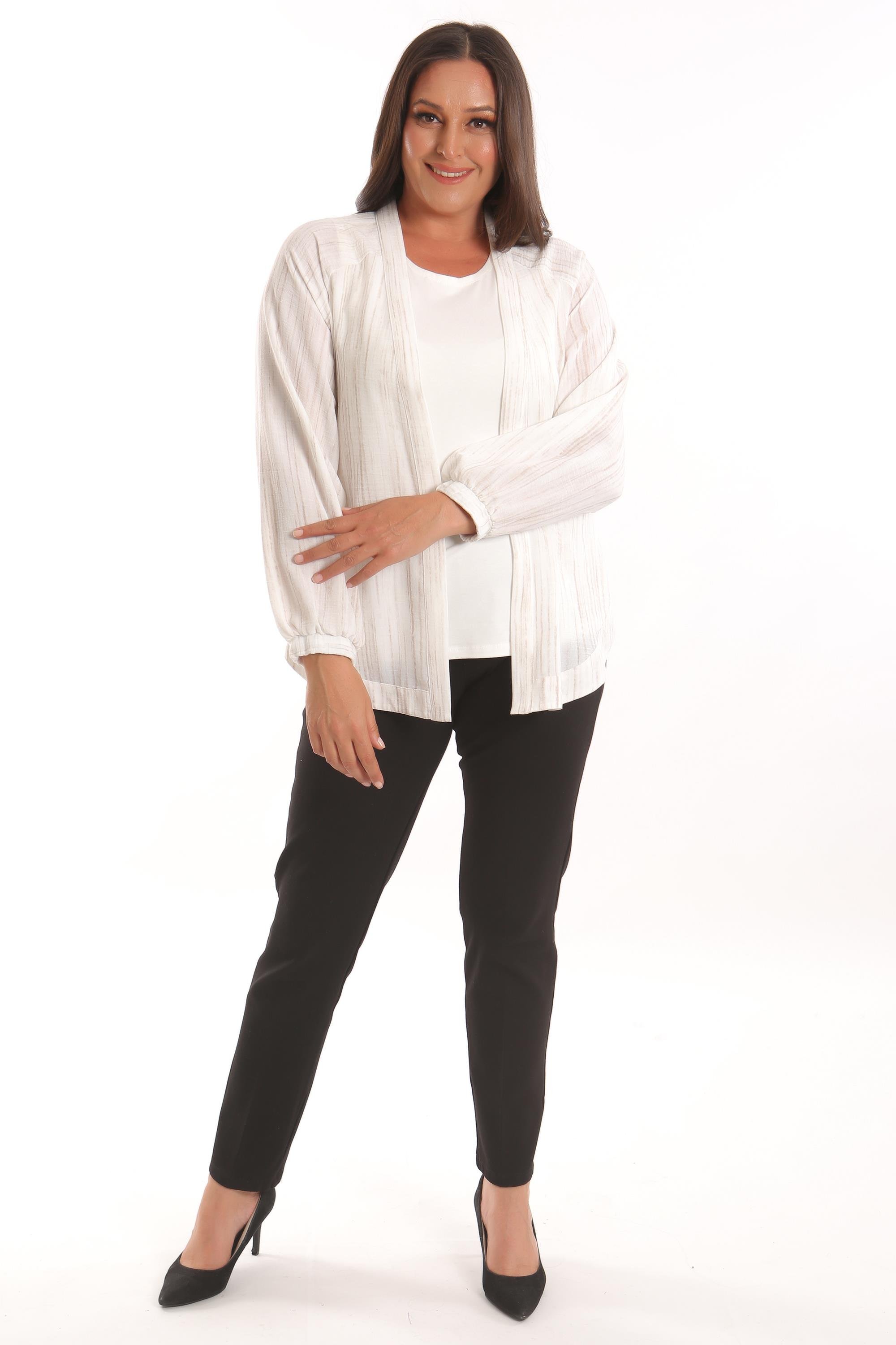 Trend42plus Büyük Beden Kumaşı Çizgili Kolları Lastikli Oversize  Ekru Ceket