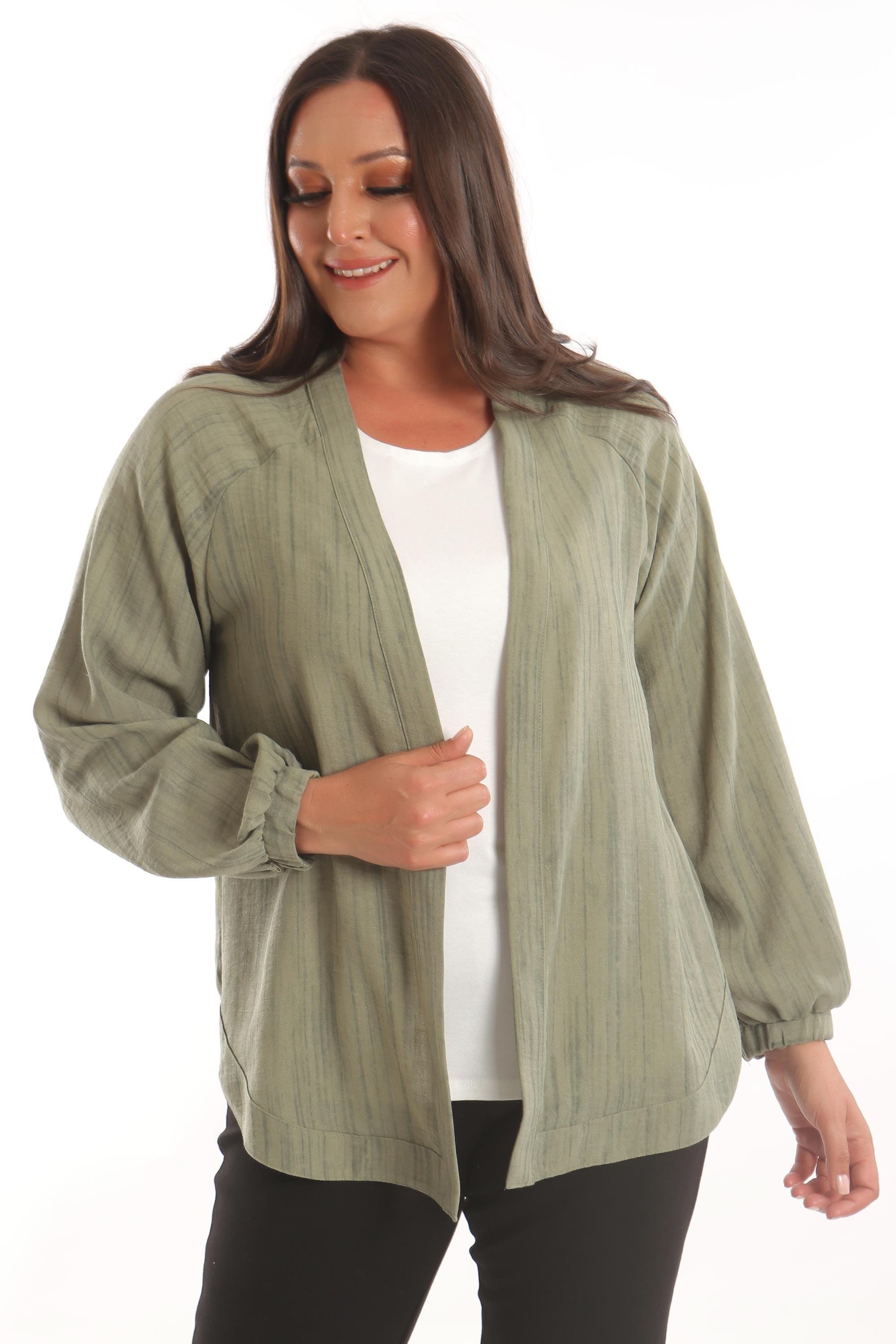 Trend42plus Büyük Beden Kumaşı Çizgili Kolları Lastikli Oversize  Haki Ceket