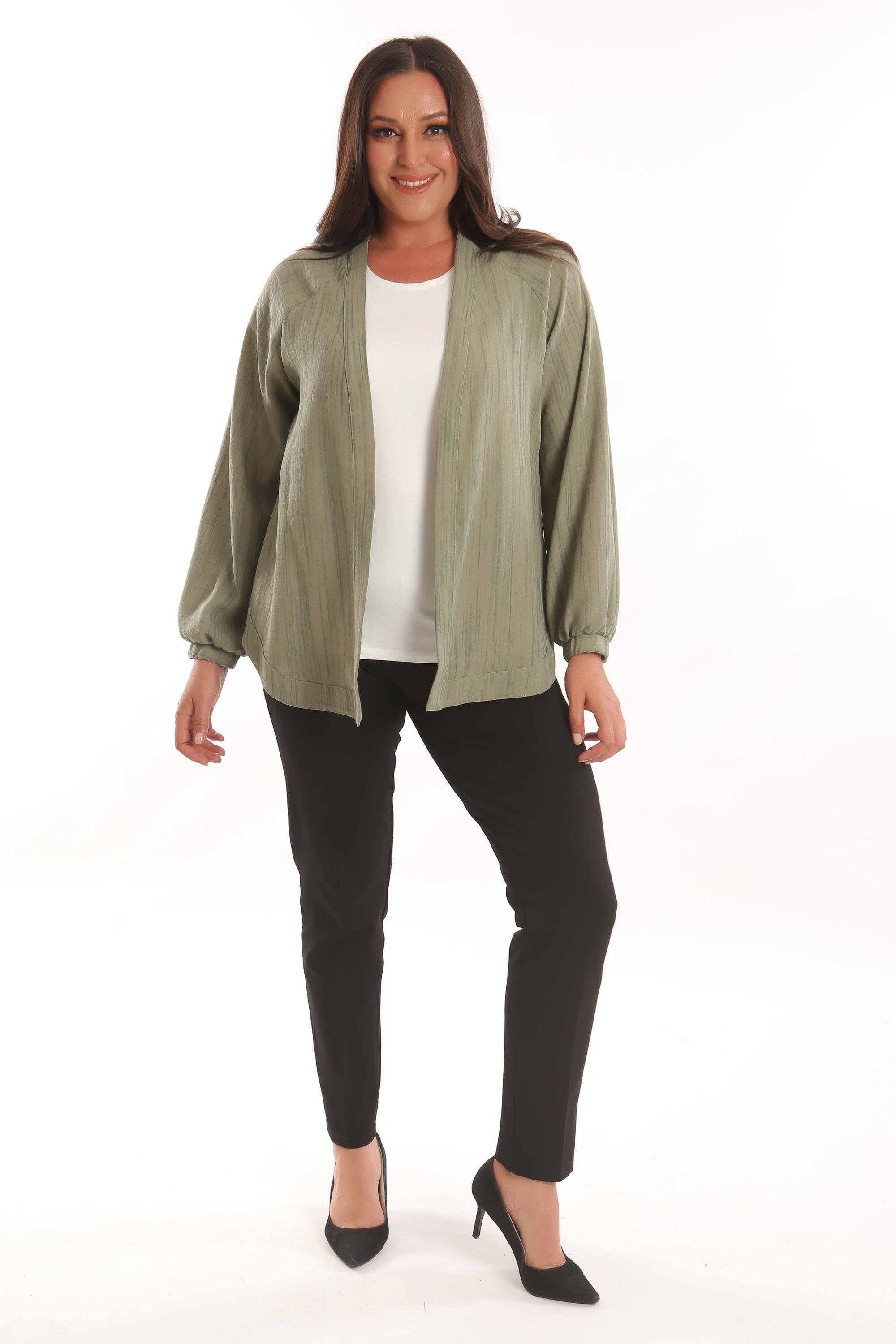 Trend42plus Büyük Beden Kumaşı Çizgili Kolları Lastikli Oversize  Haki Ceket