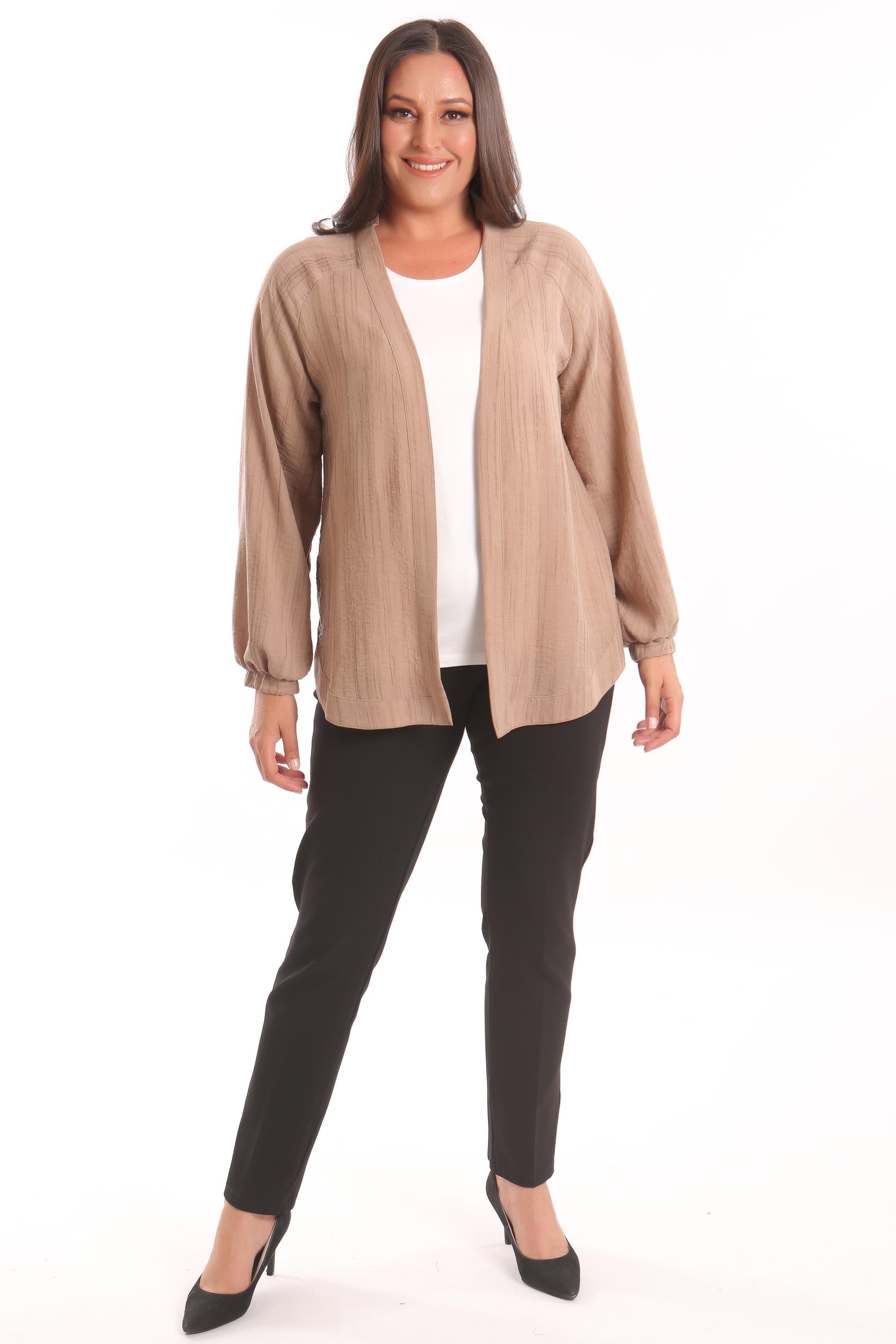 Trend42plus Büyük Beden Kumaşı Çizgili Kolları Lastikli Oversize  Kahverengi Ceket