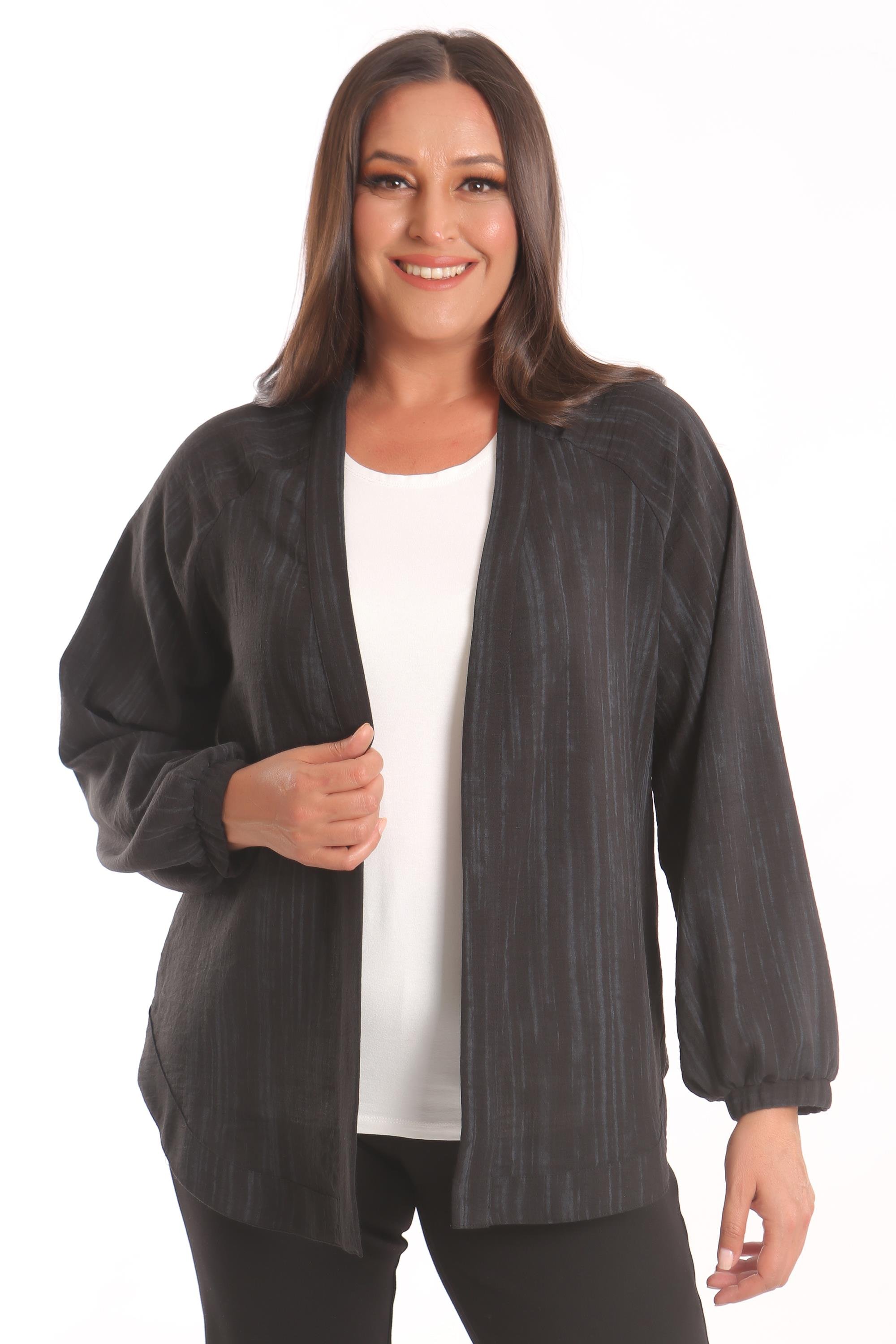 Trend42plus Büyük Beden Kumaşı Çizgili Kolları Lastikli Oversize  Siyah Ceket