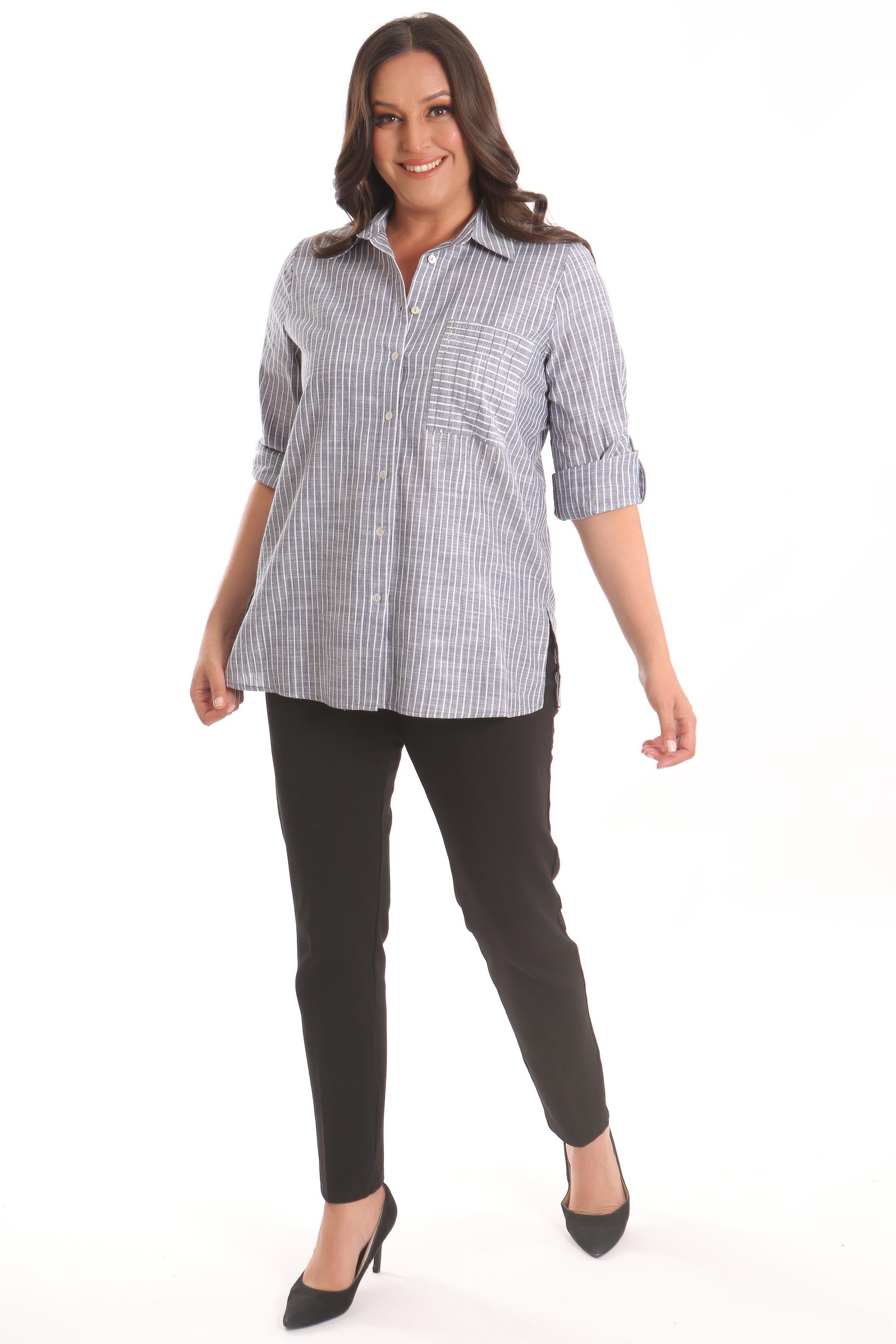 Trend42plus Büyük Beden Lacivert Cebi Taş Baskılı Çizgili Gömlek