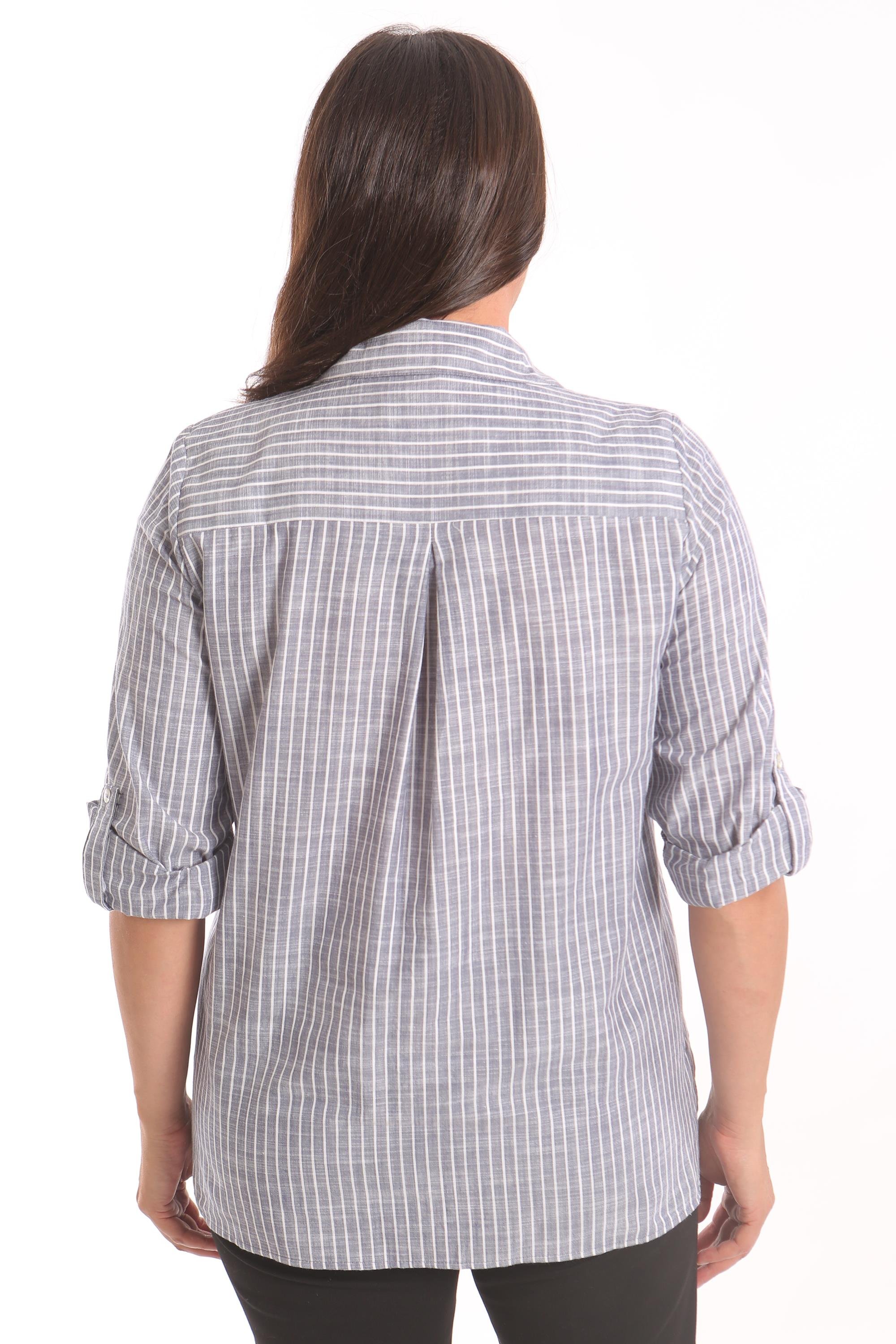 Trend42plus Büyük Beden Lacivert Cebi Taş Baskılı Çizgili Gömlek