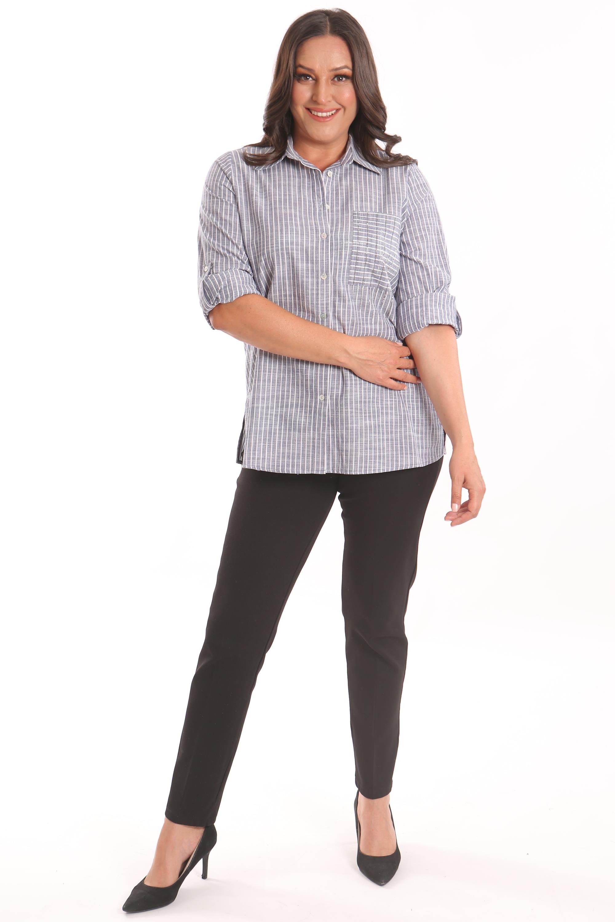 Trend42plus Büyük Beden Lacivert Cebi Taş Baskılı Çizgili Gömlek