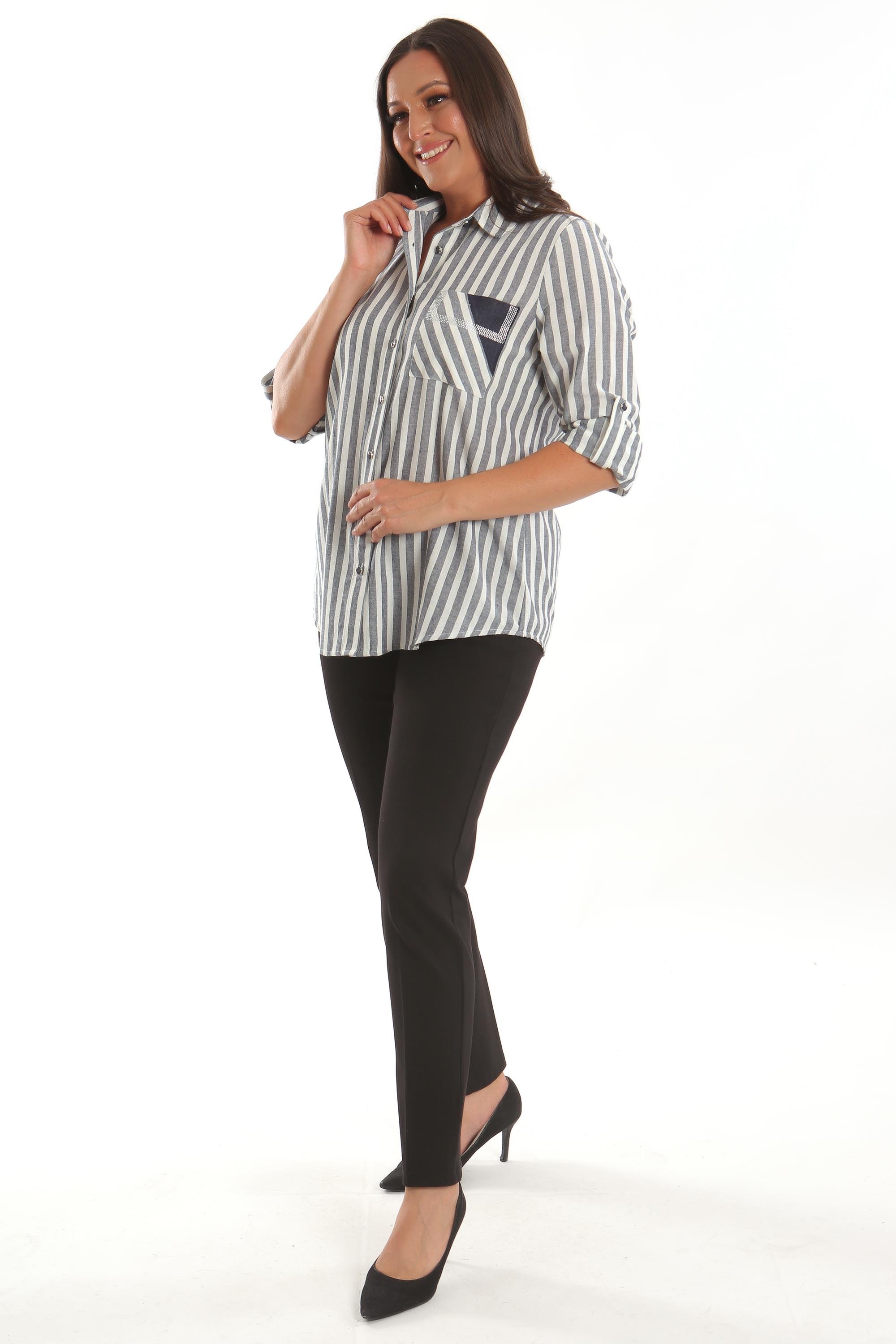 Trend42plus Büyük Beden Lacivert Taş Baskılı Çizgili Gömlek