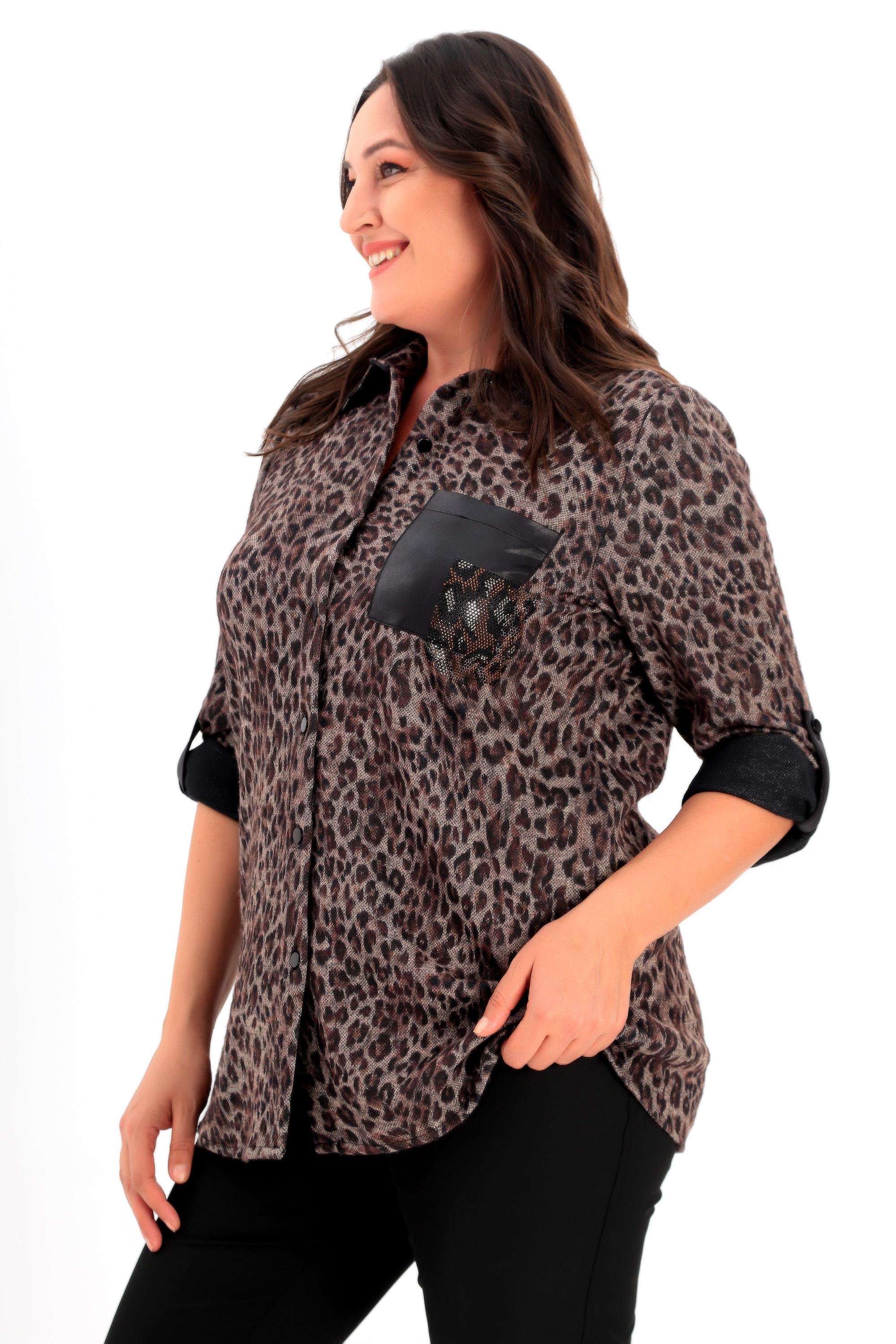 Trend42plus Büyük Beden Leopar Desenli Taş Baskılı Gömlek
