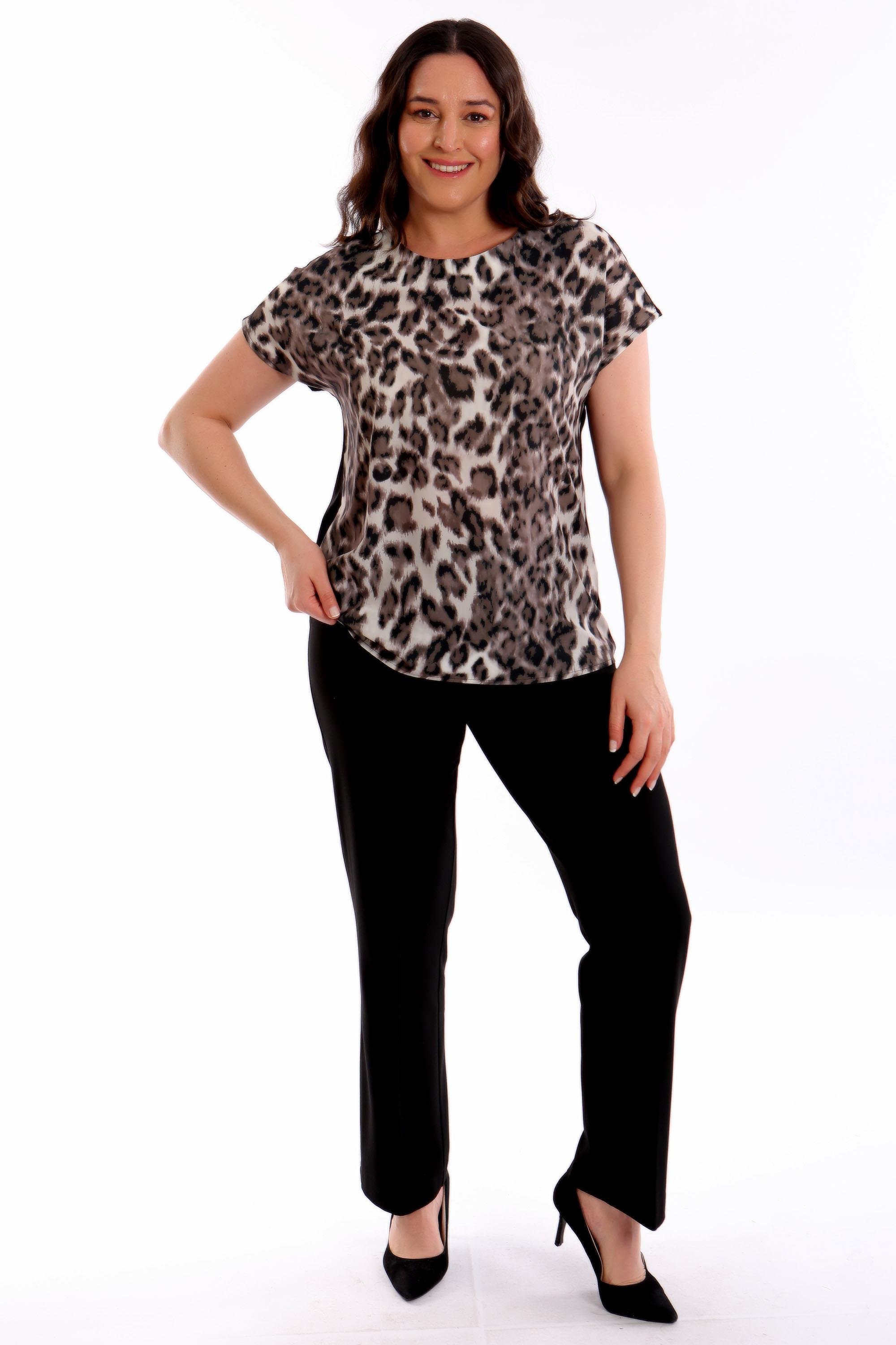 Trend42plus Büyük Beden Leopar Desenli Düşük Kol Siyah Bluz