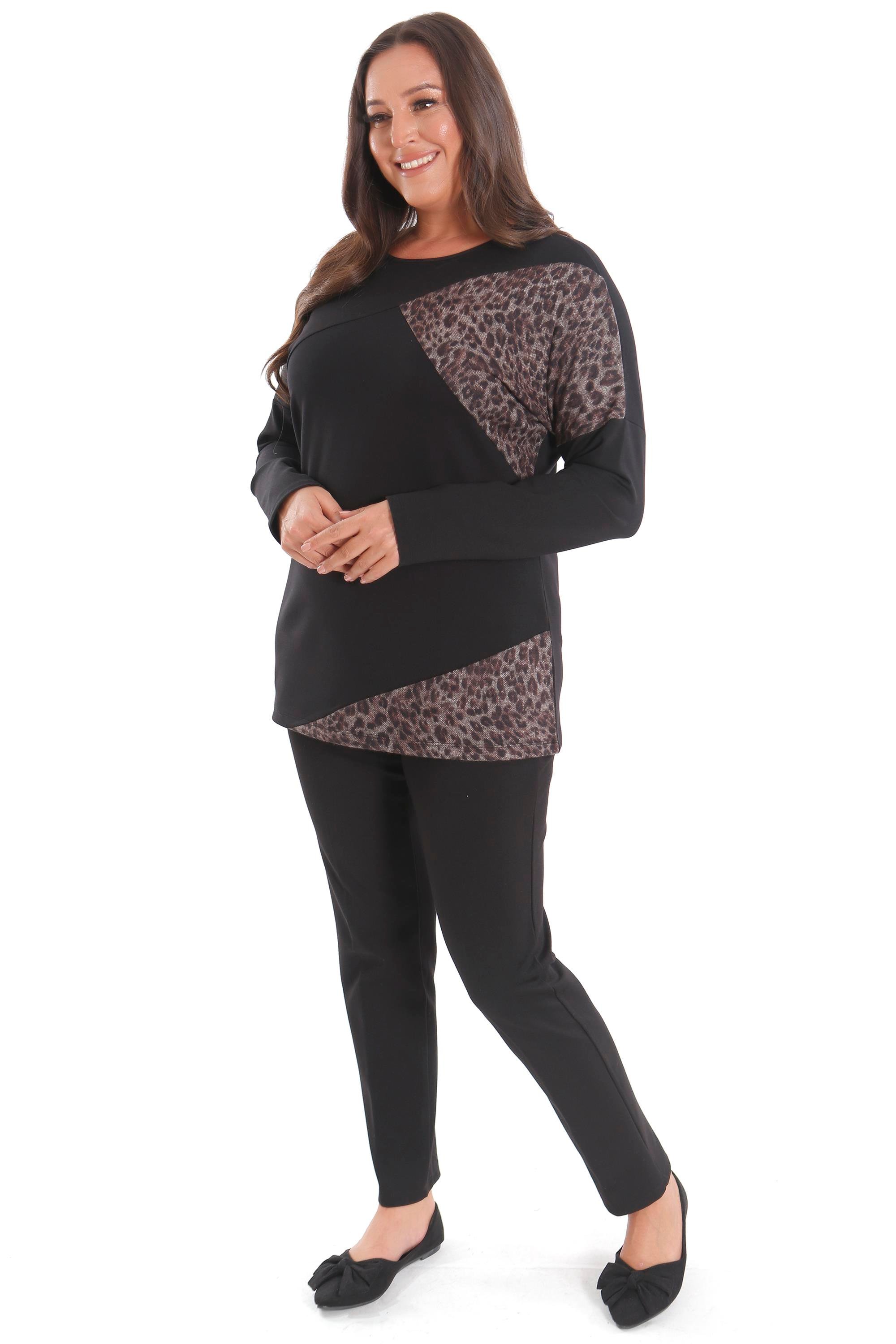 Trend42plus Büyük Beden Leopar Desenli Siyah Tunik