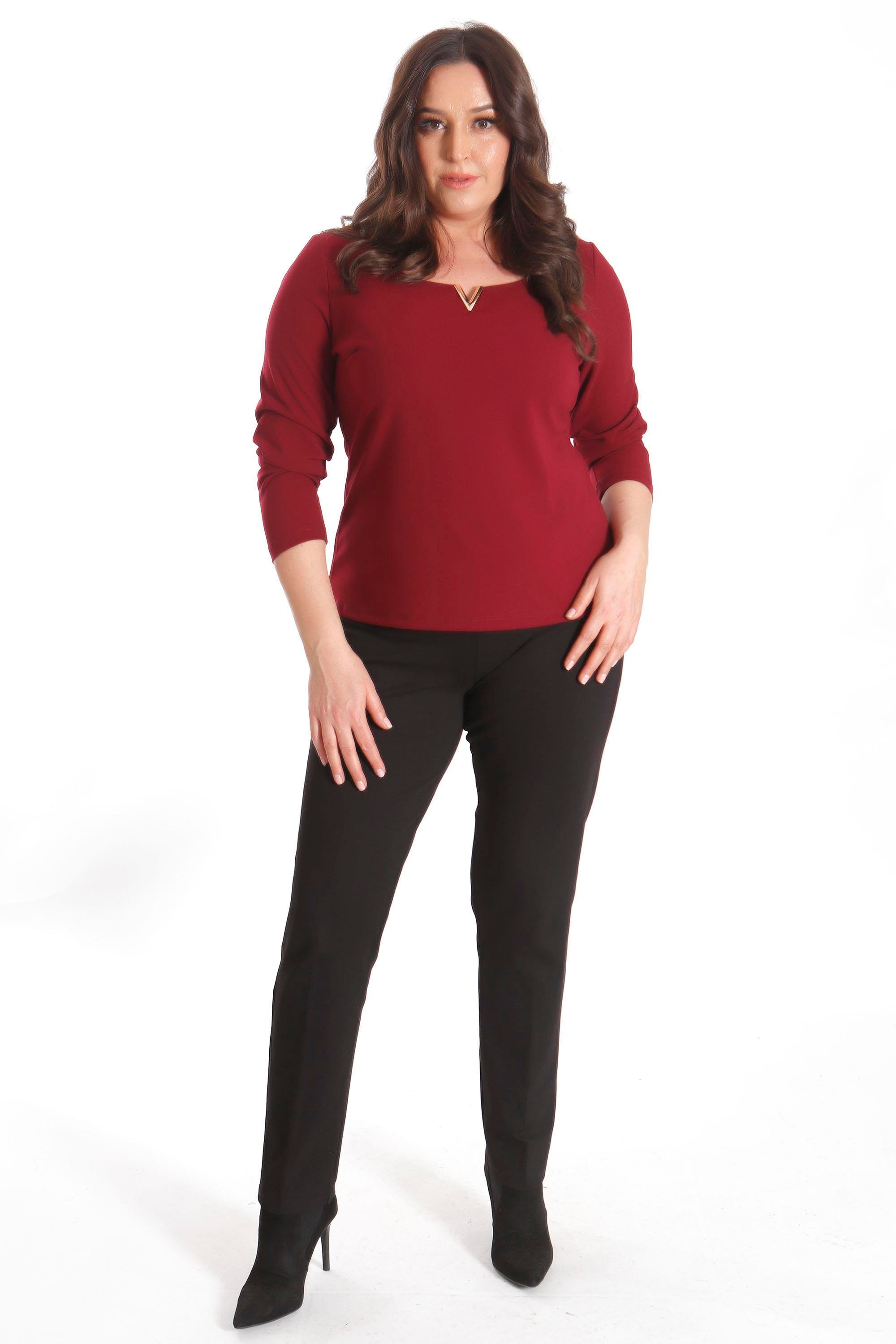 Trend42plus Büyük Beden Likralı Krep Kumaş V Gold Toka Detaylı Bordo Bluz  