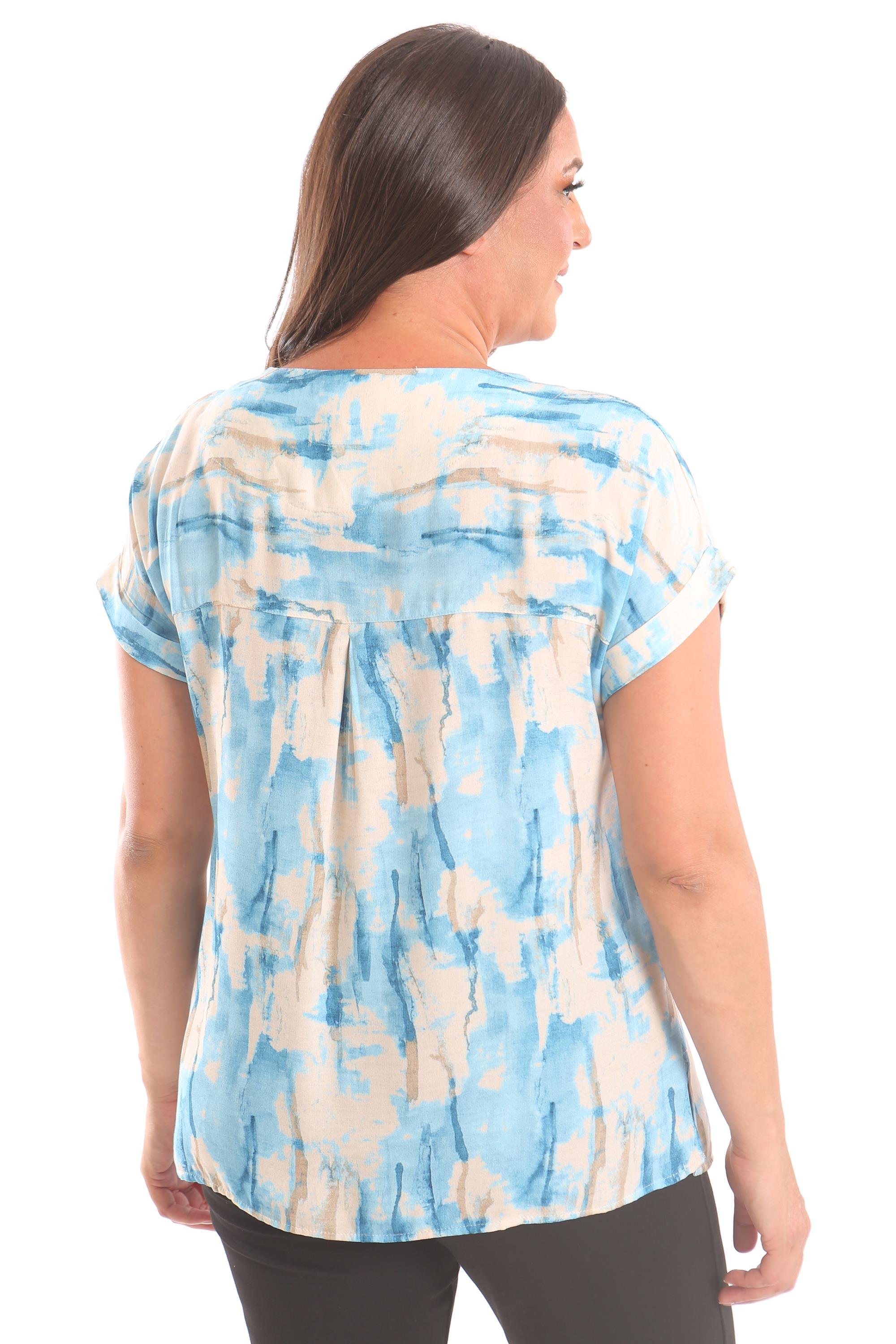 Trend42plus Büyük Beden Mavi Batik Desenli Düşük Kol Bluz