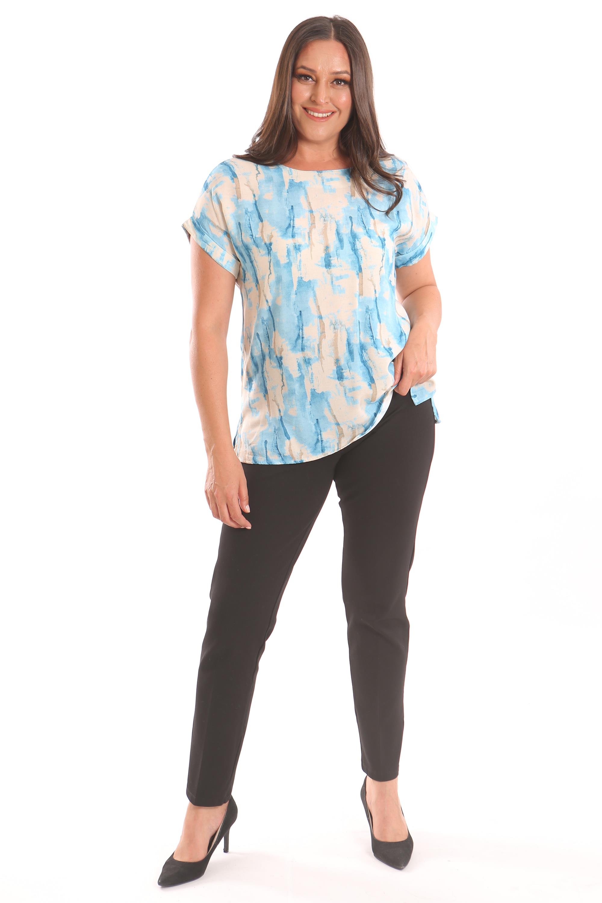 Trend42plus Büyük Beden Mavi Batik Desenli Düşük Kol Bluz