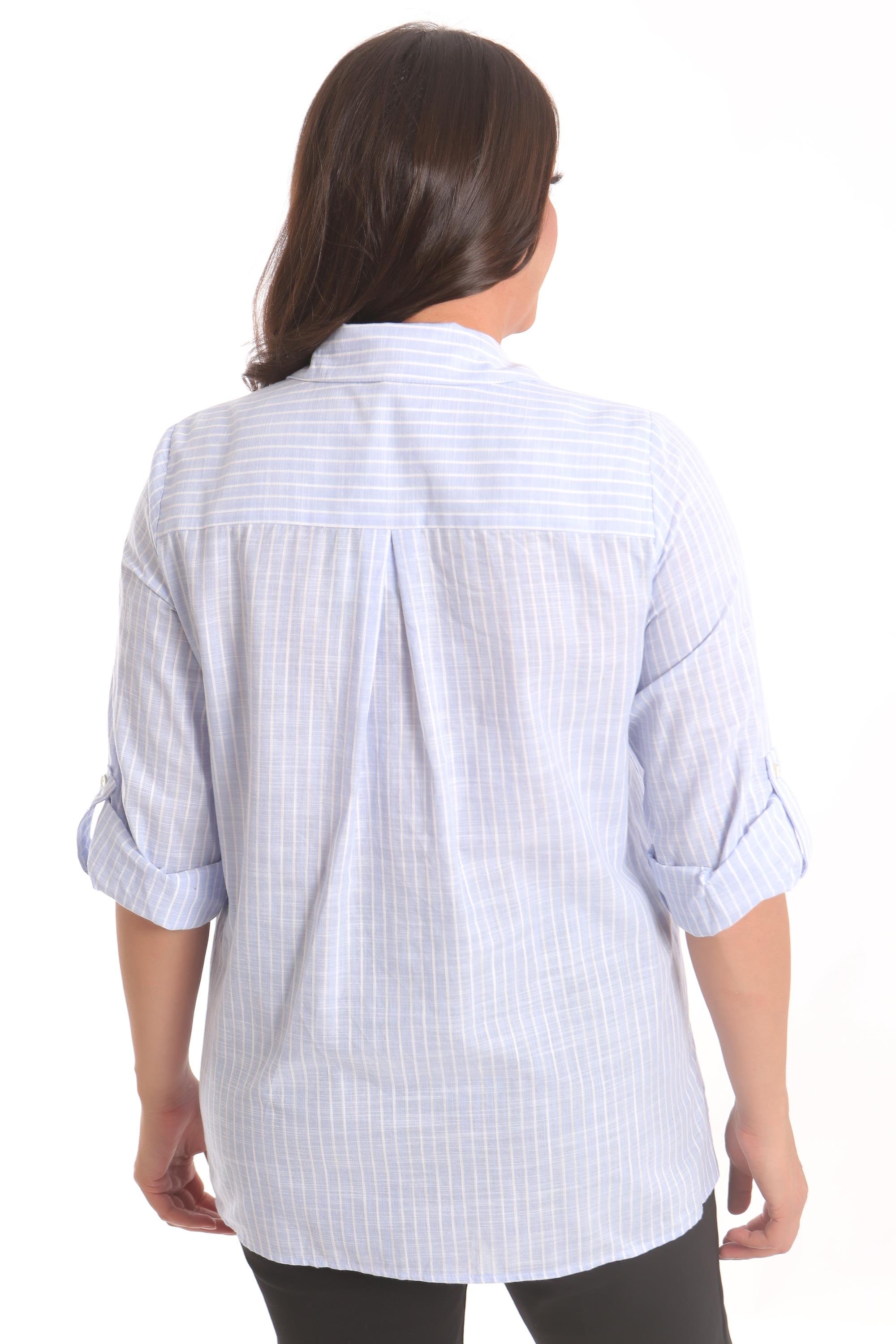 Trend42plus Büyük Beden Mavi Cebi Taş Baskılı Çizgili Gömlek