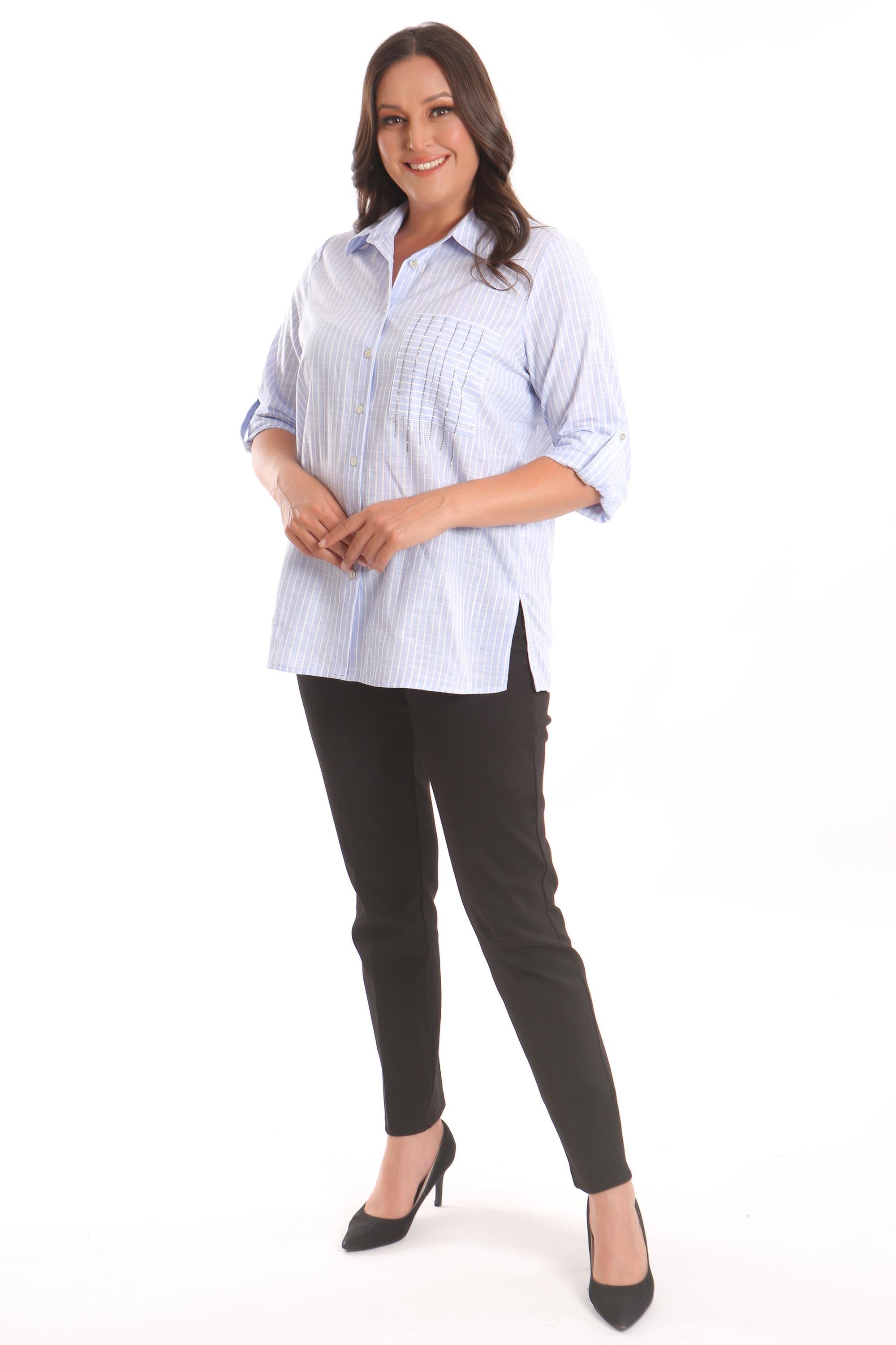 Trend42plus Büyük Beden Mavi Cebi Taş Baskılı Çizgili Gömlek